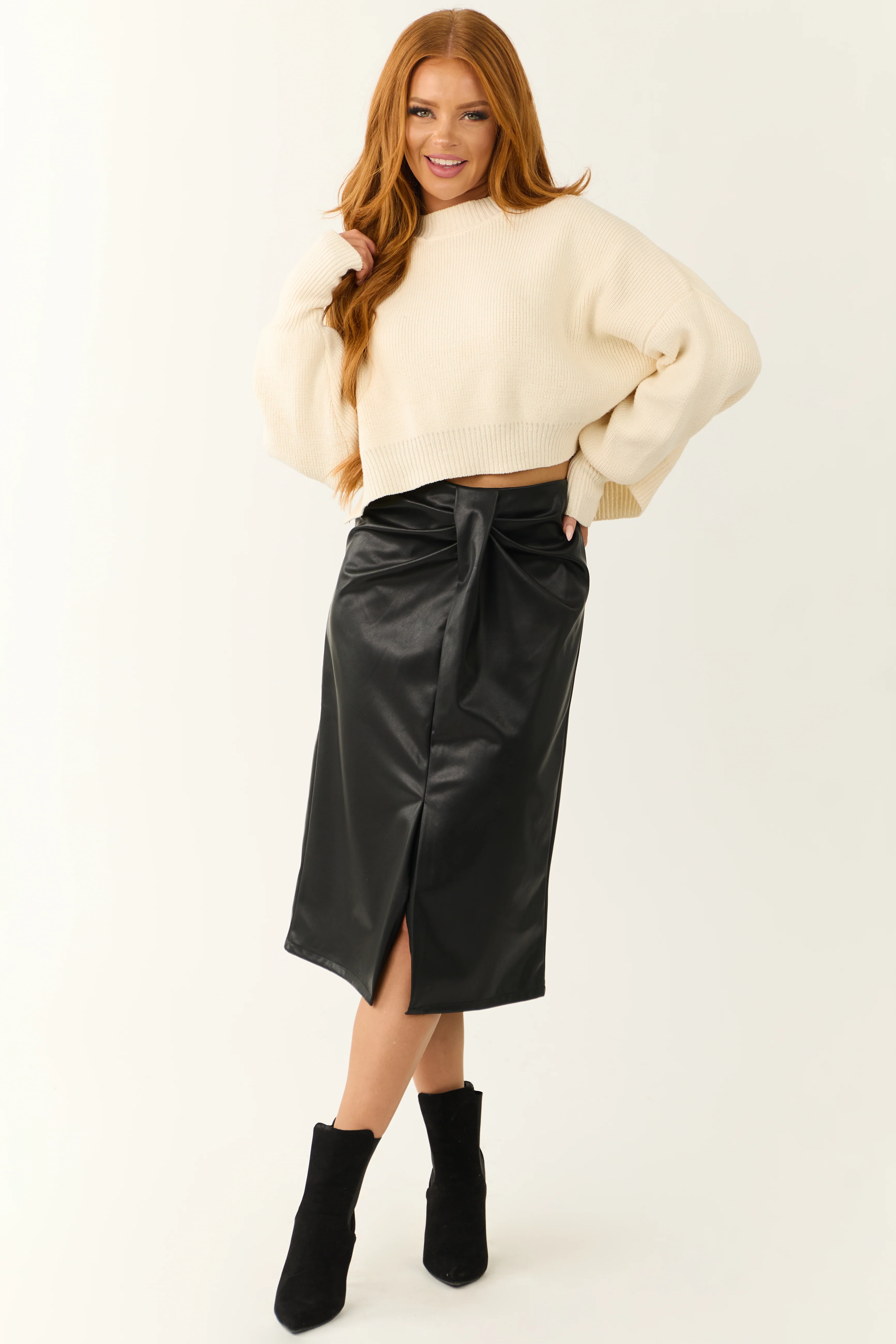 Black Faux Leather Pleating Detail Midi Skirt - Image 6