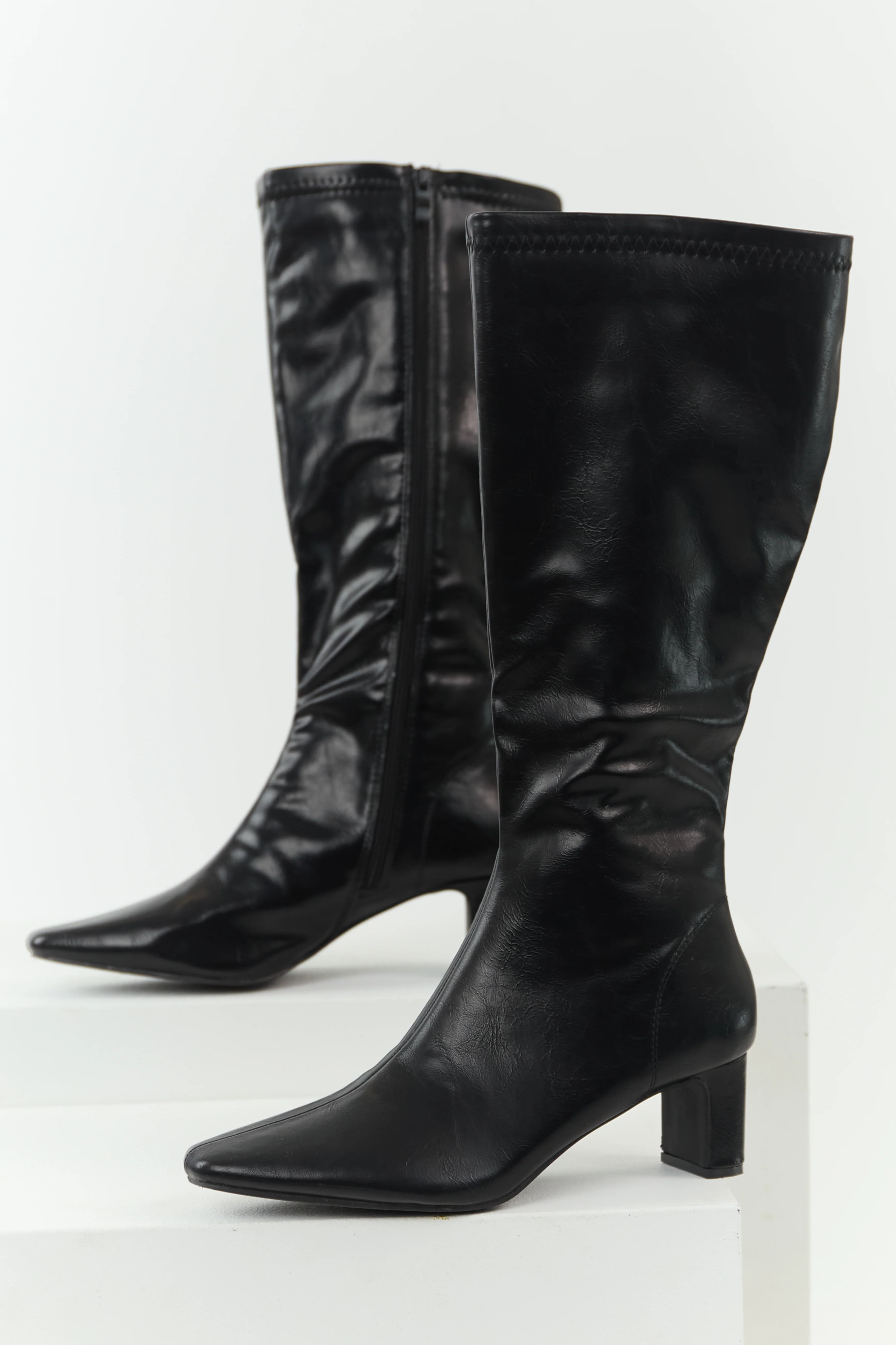 Black Faux Leather Pointed Toe Tall Block Heel Boots - Image 3