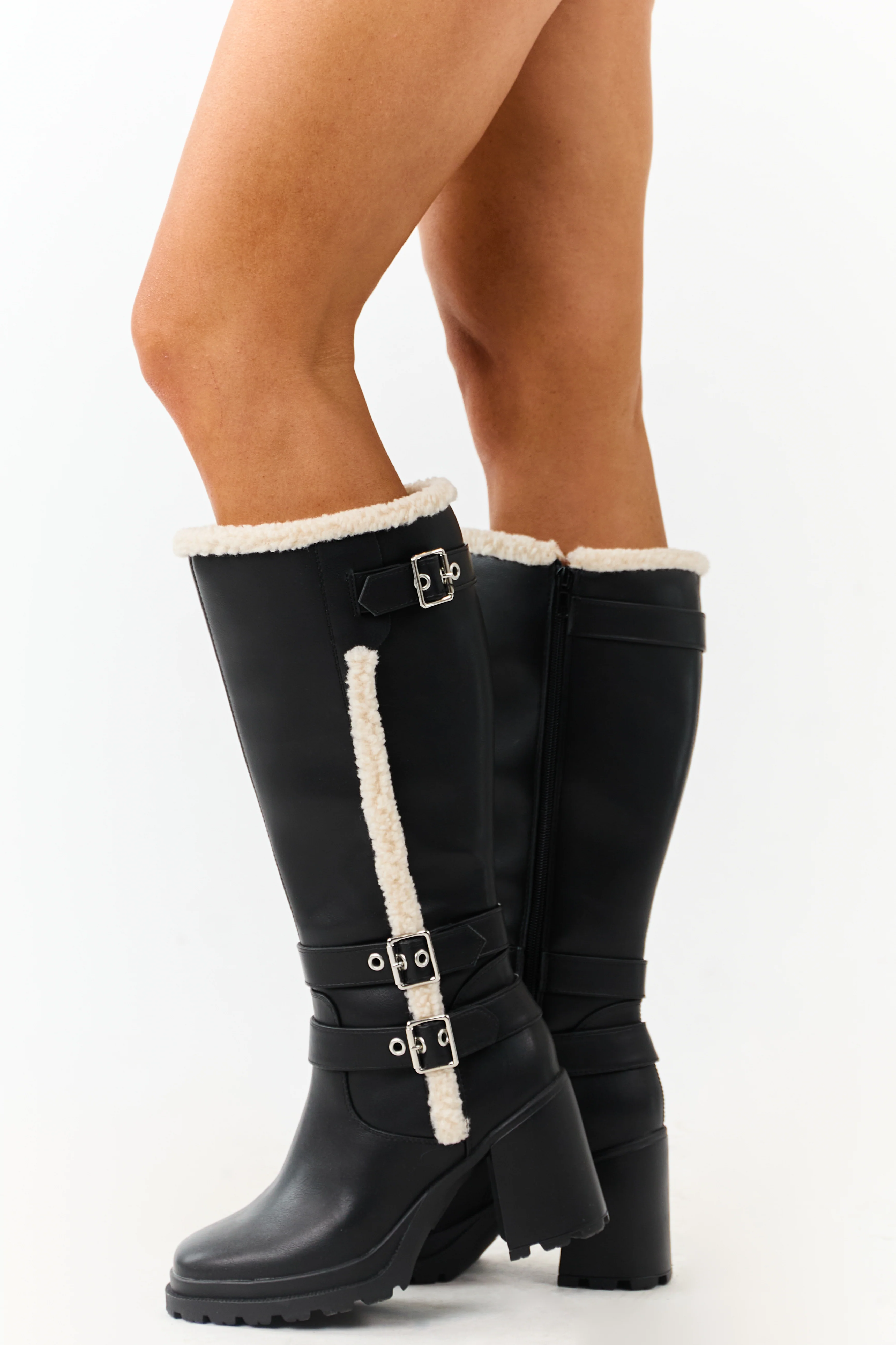 Black Faux Leather Sherpa Lined Tall Platform Boots - Image 5