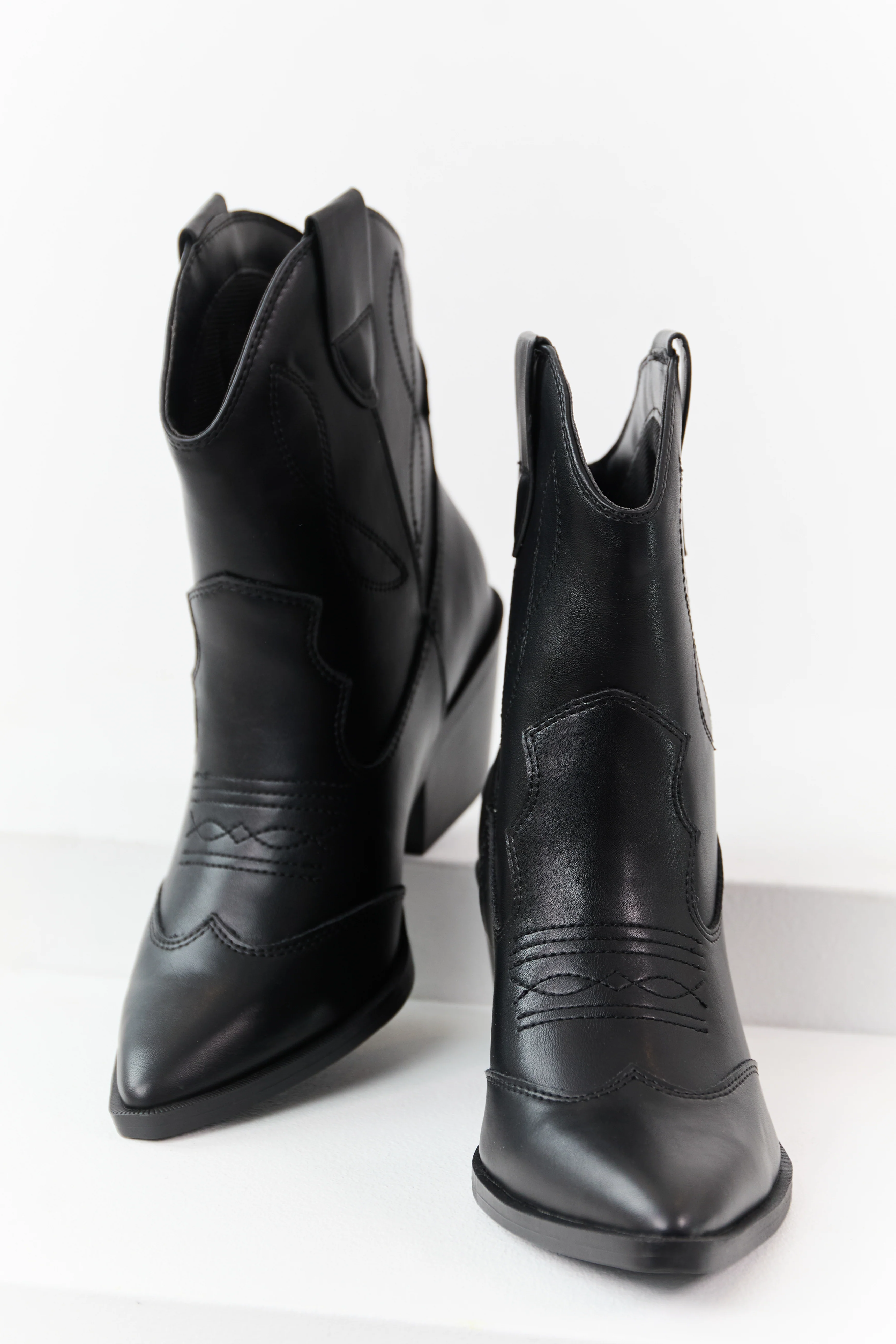 Black Faux Leather Western Style Short Boots - Image 2