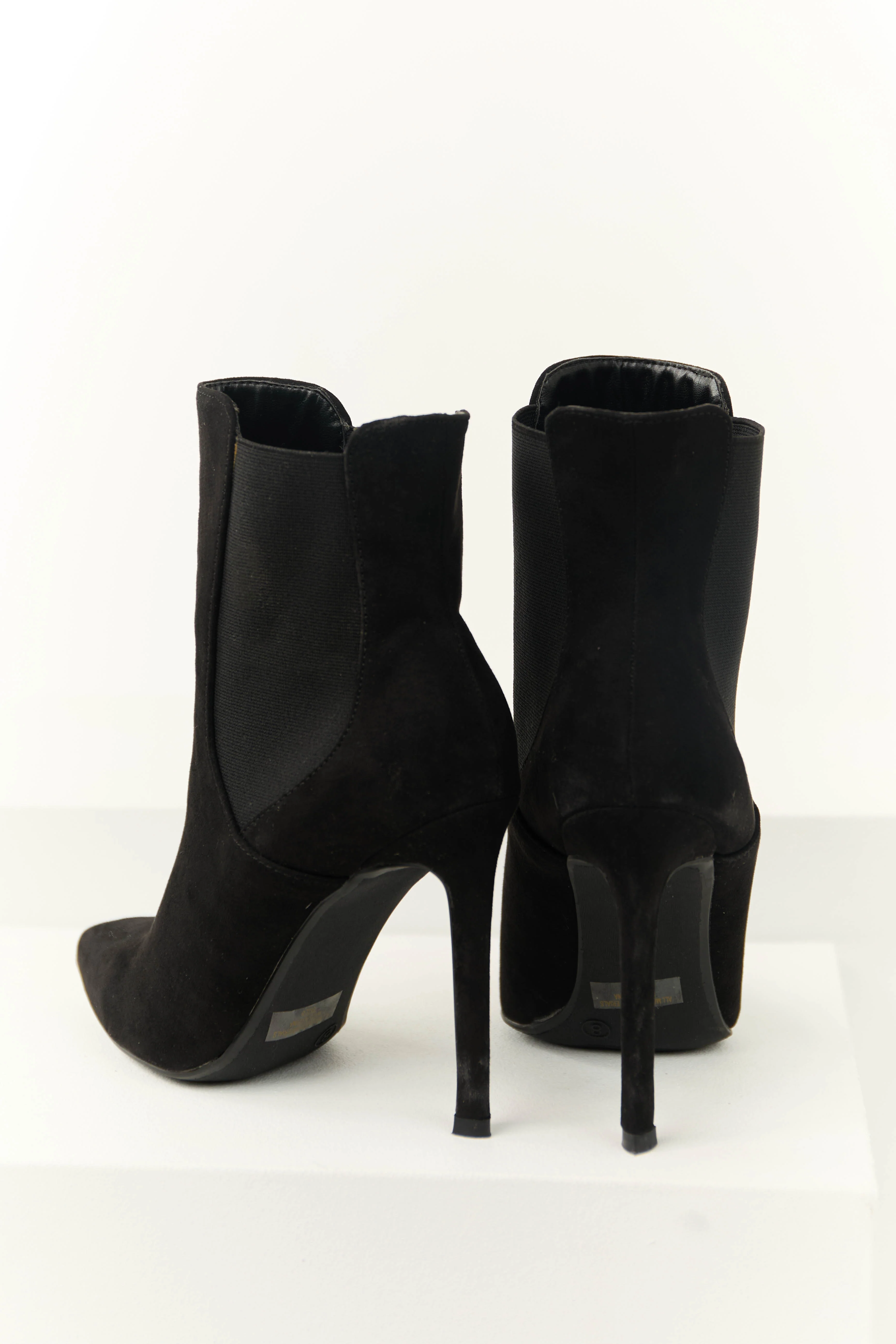 Black Faux Suede Elastic Panel Stiletto Booties - Image 3