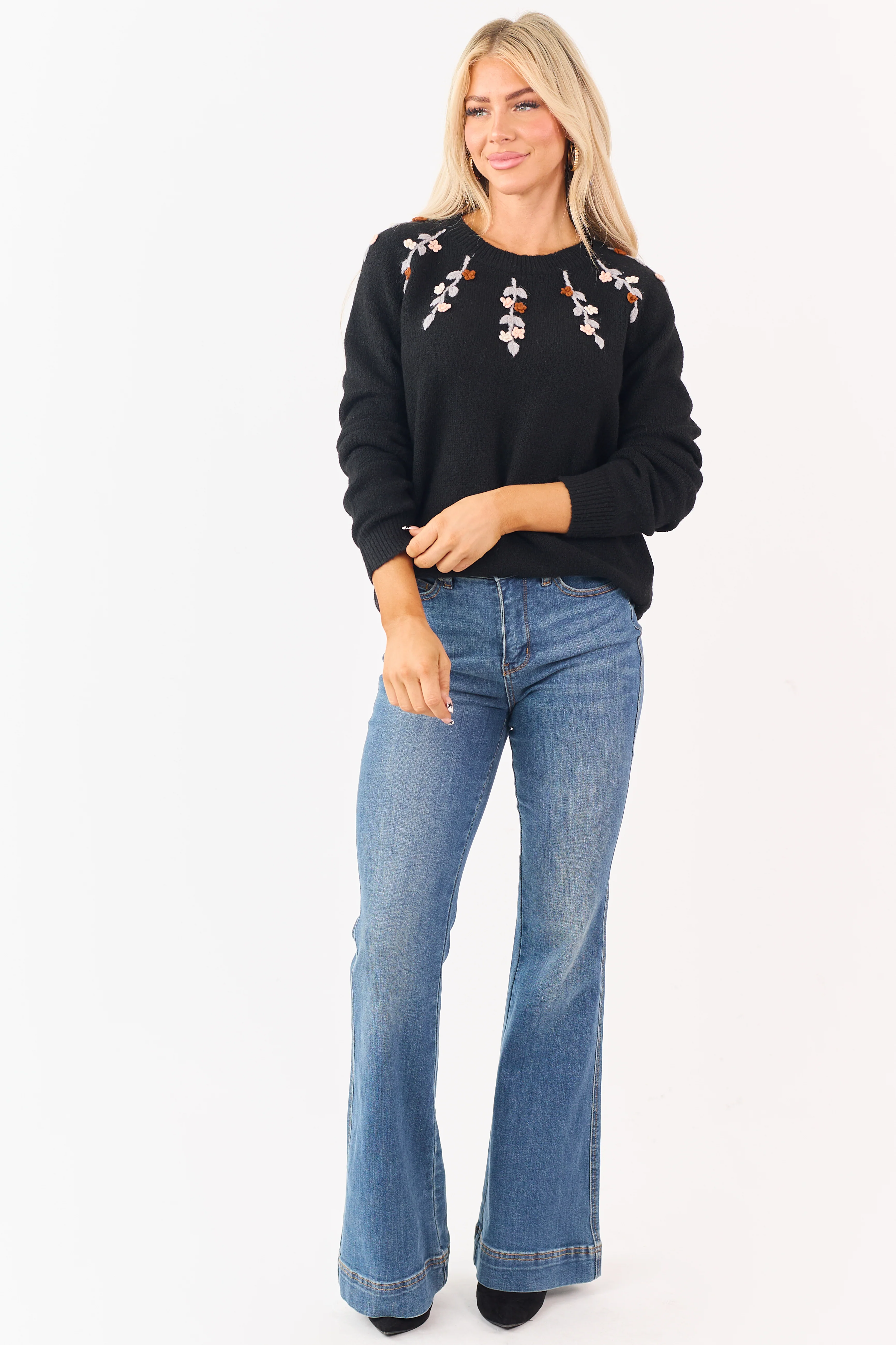 Black Floral Yarn Embroidered Long Sleeve Sweater - Image 4