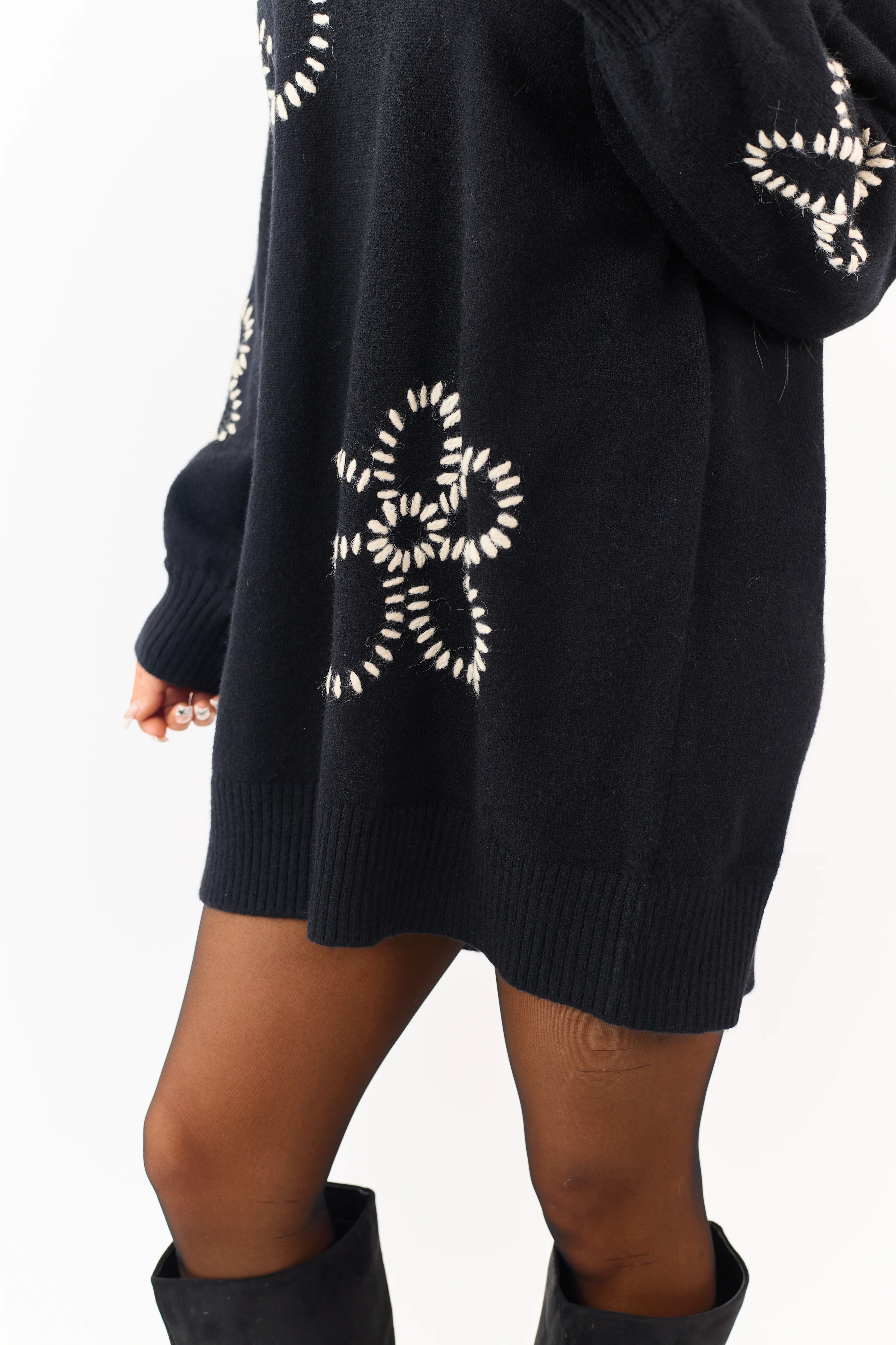 Black Floral Yarn Embroidered Mini Sweater Dress - Image 7