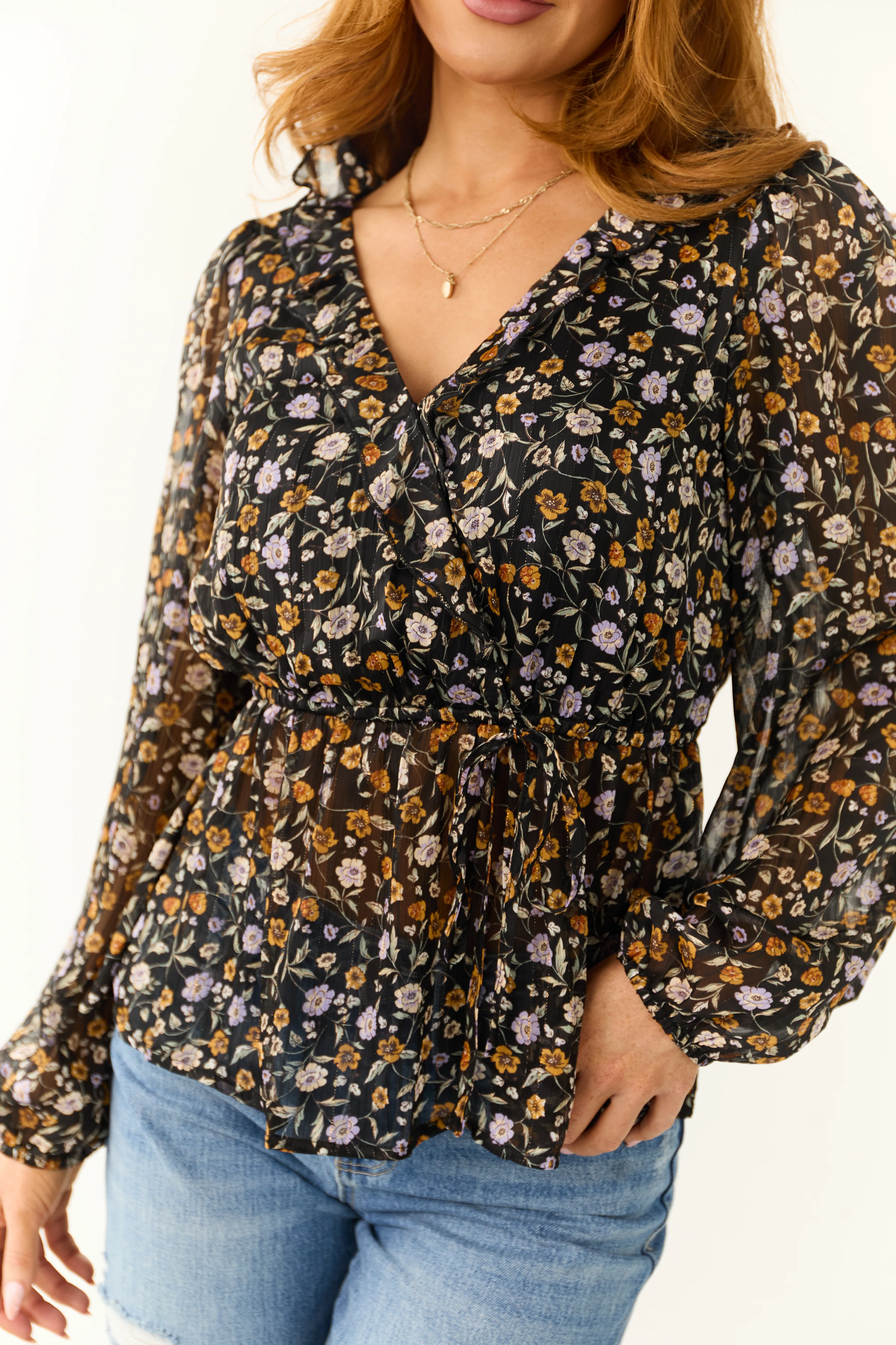 Black Flower Print Surplice Front Peplum Blouse - Image 9