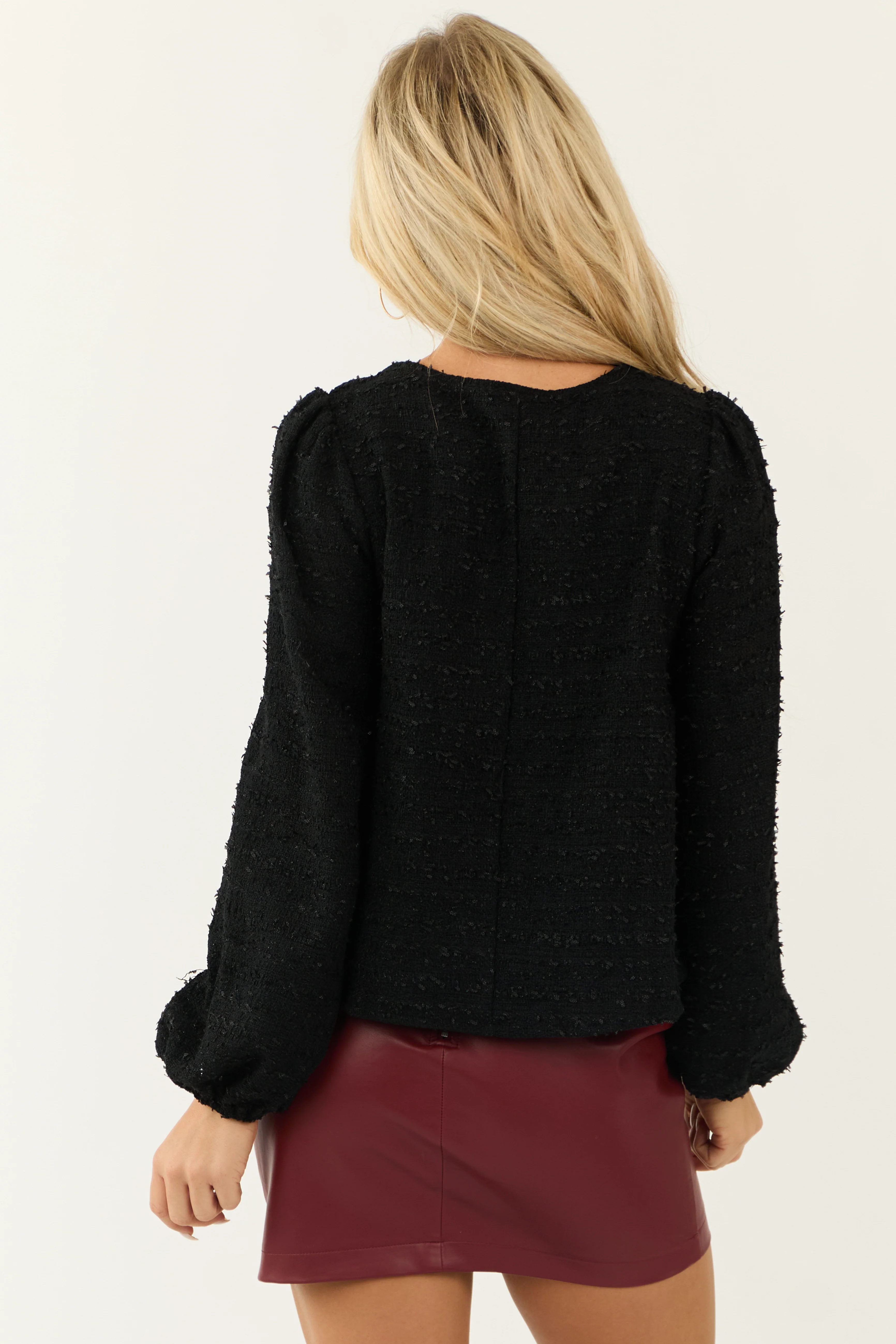 Black Front Bow Tweed Long Puff Sleeve Top - Image 5