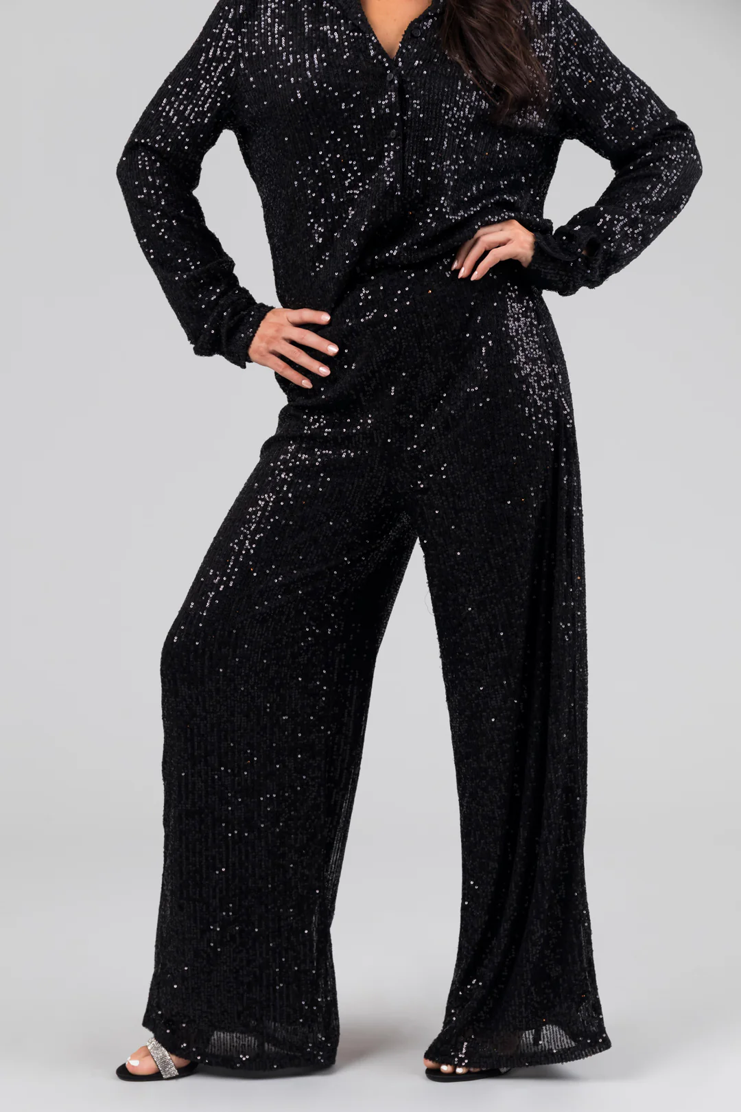 Black High Waisted Wide Leg Sequined Pants - Image 3