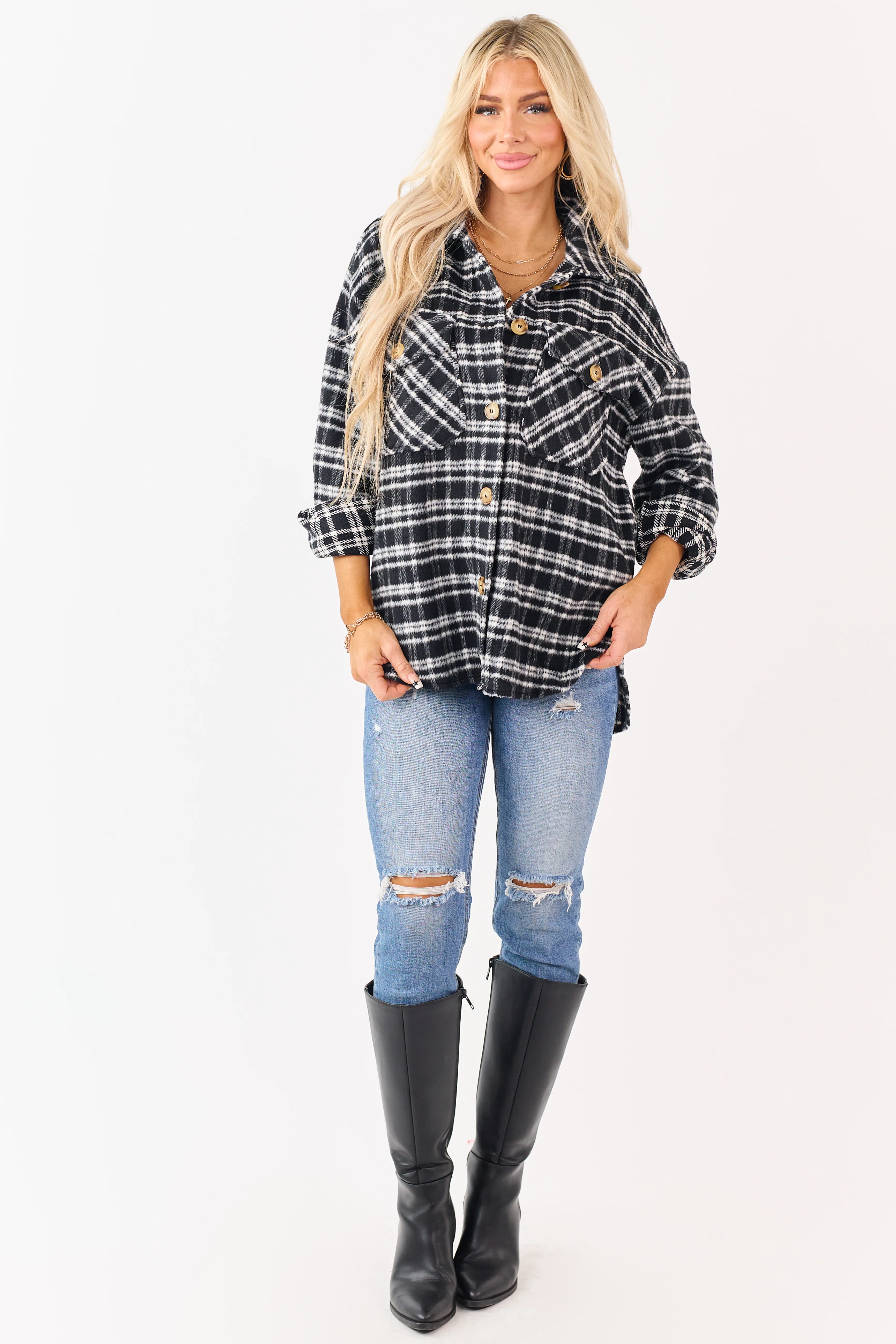 Black and Ivory Plaid Button Down Shacket - Image 4