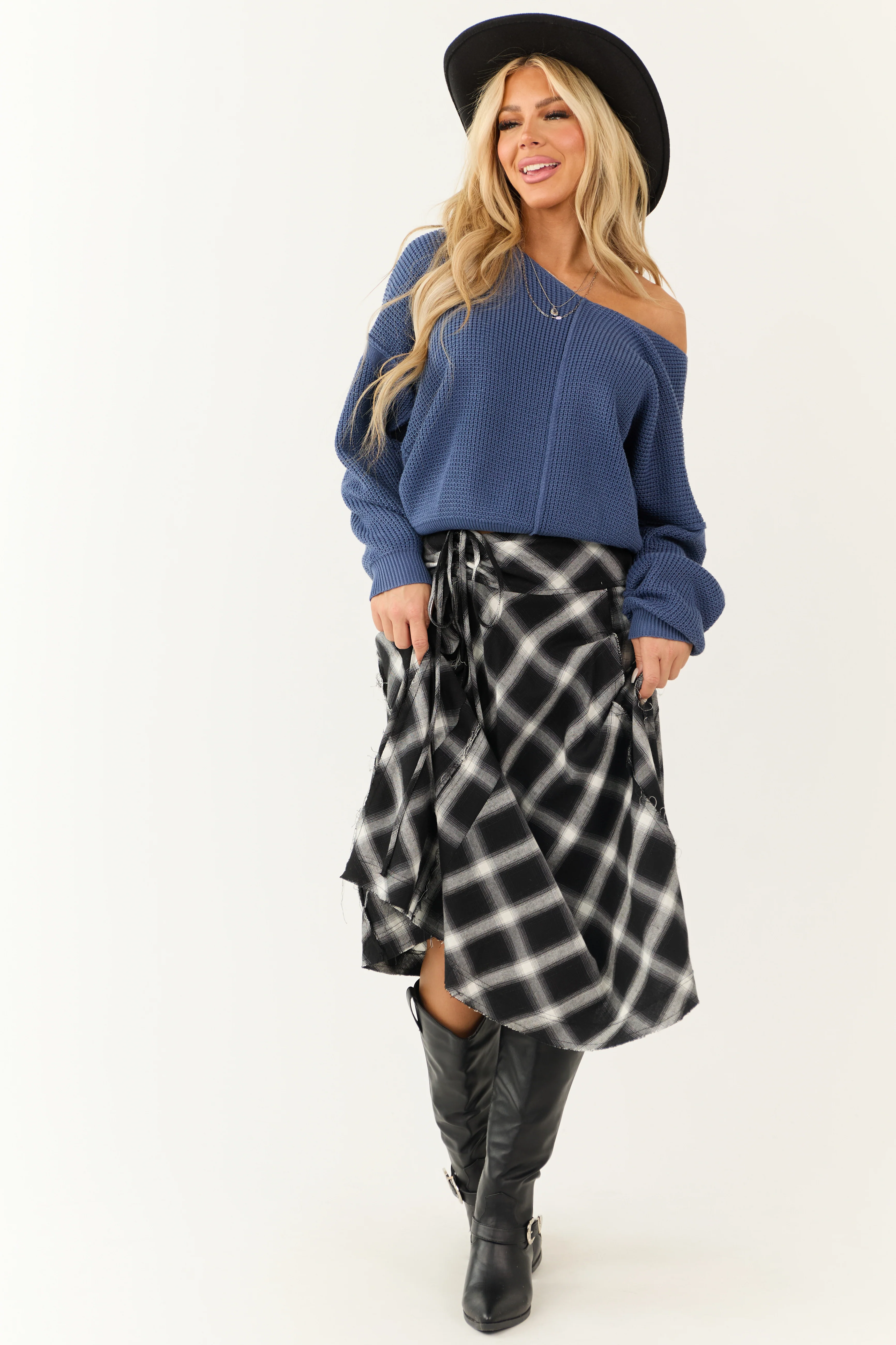 Black and Ivory Plaid Raw Hem Midi Skirt - Image 5
