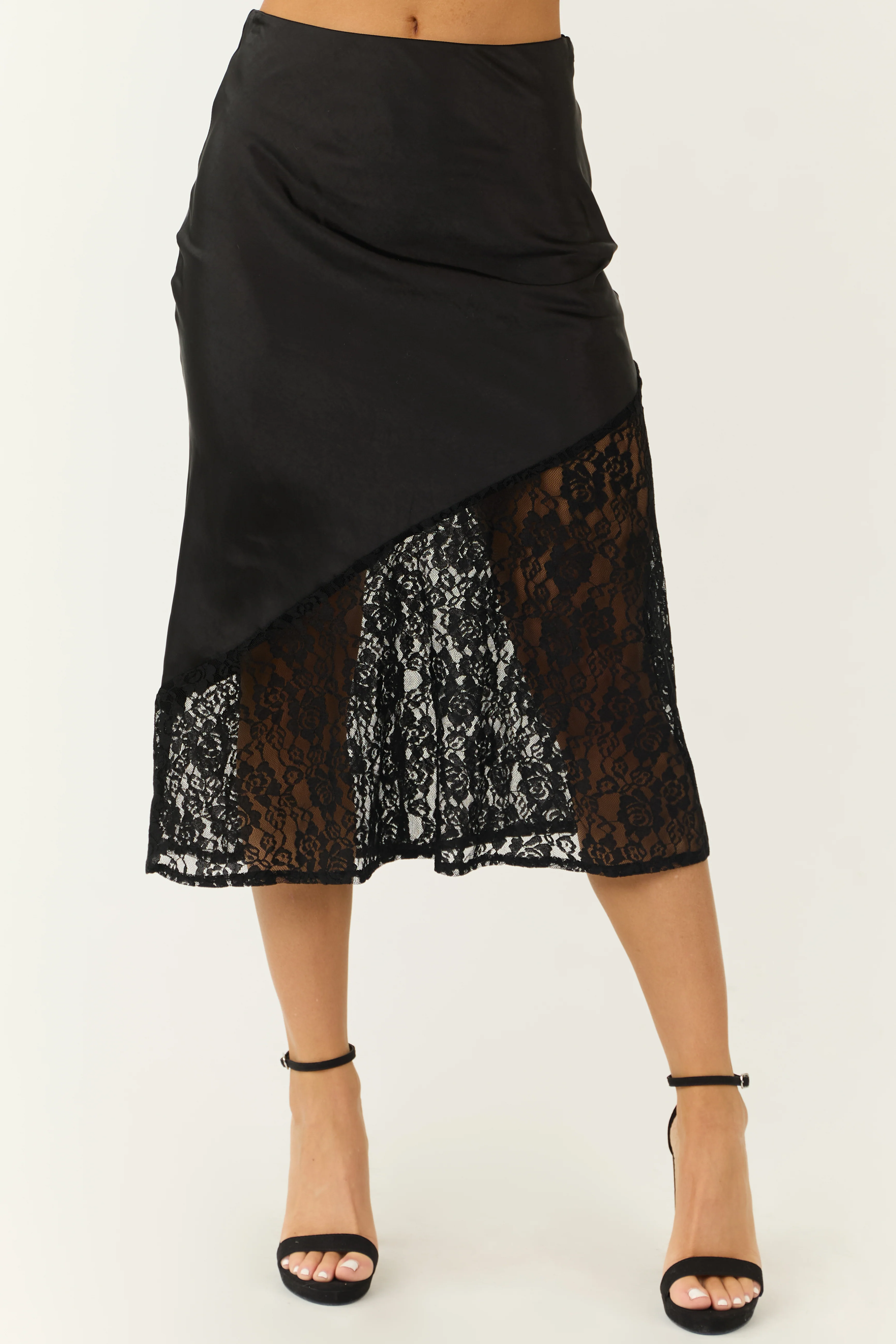 Black Lace Bottom Asymmetrical Midi Skirt - Image 2
