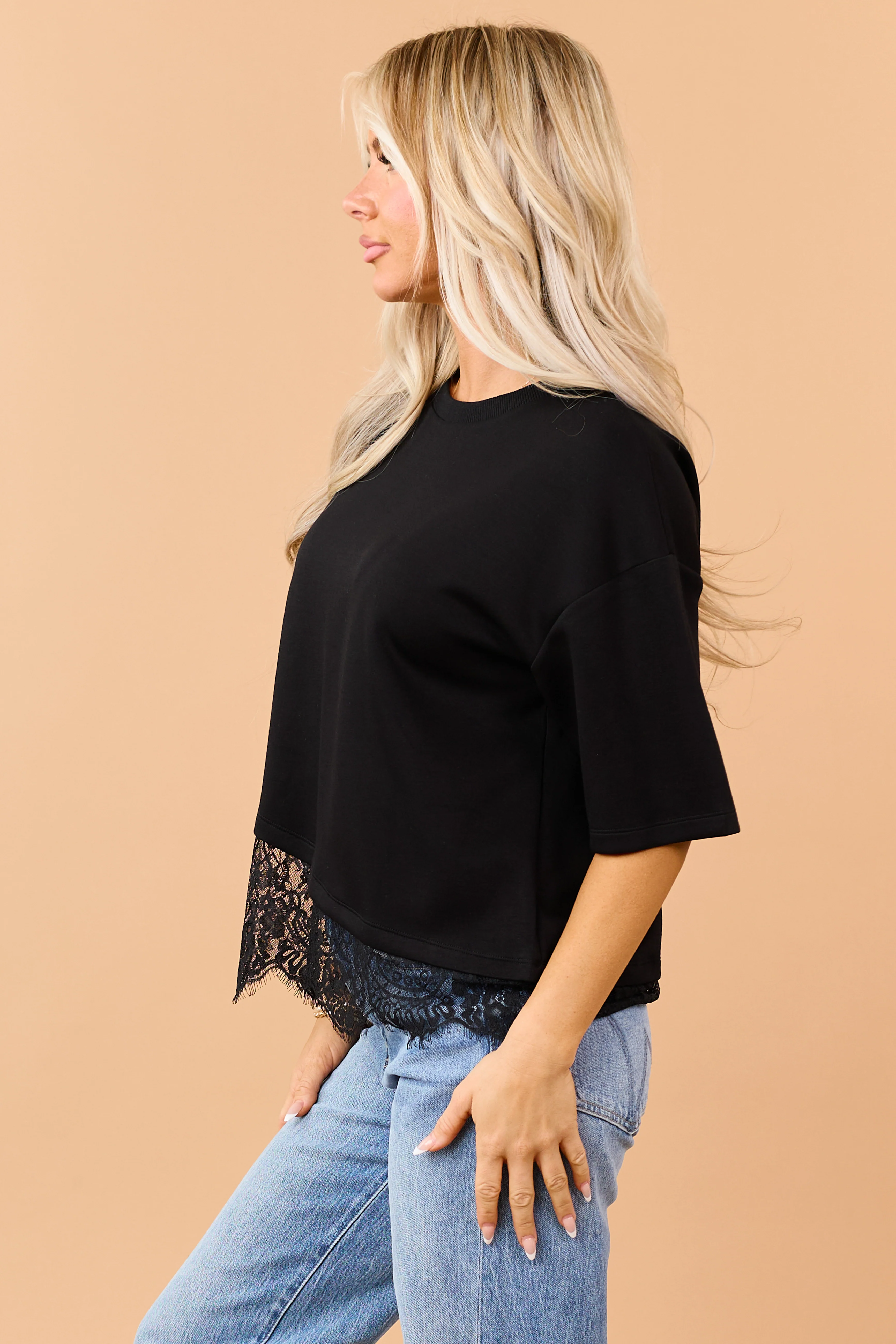 Black Lace Trim Asymmetrical Short Sleeve Top - Image 4