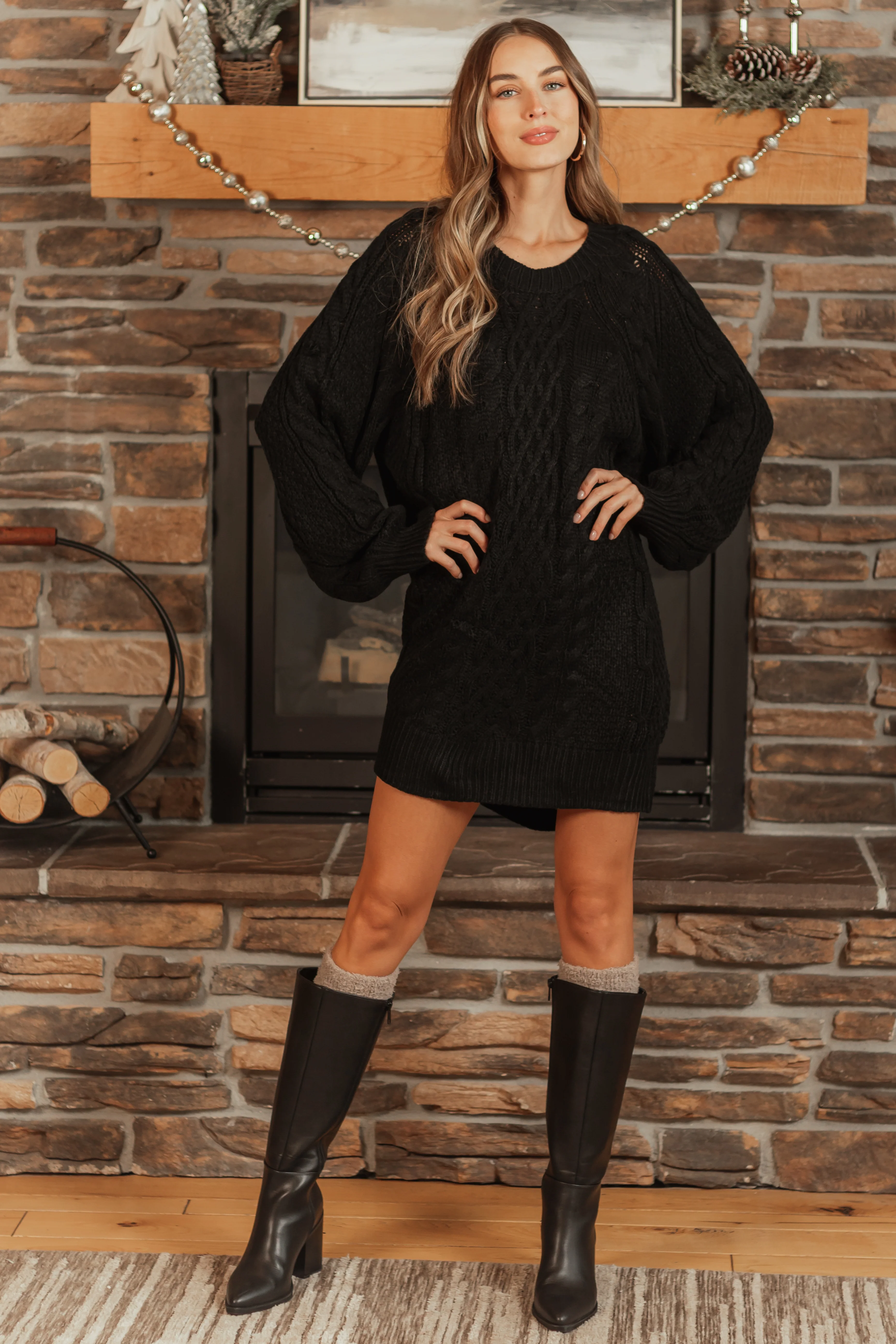 Black Long Balloon Sleeve Short Sweater Dress - Image 2