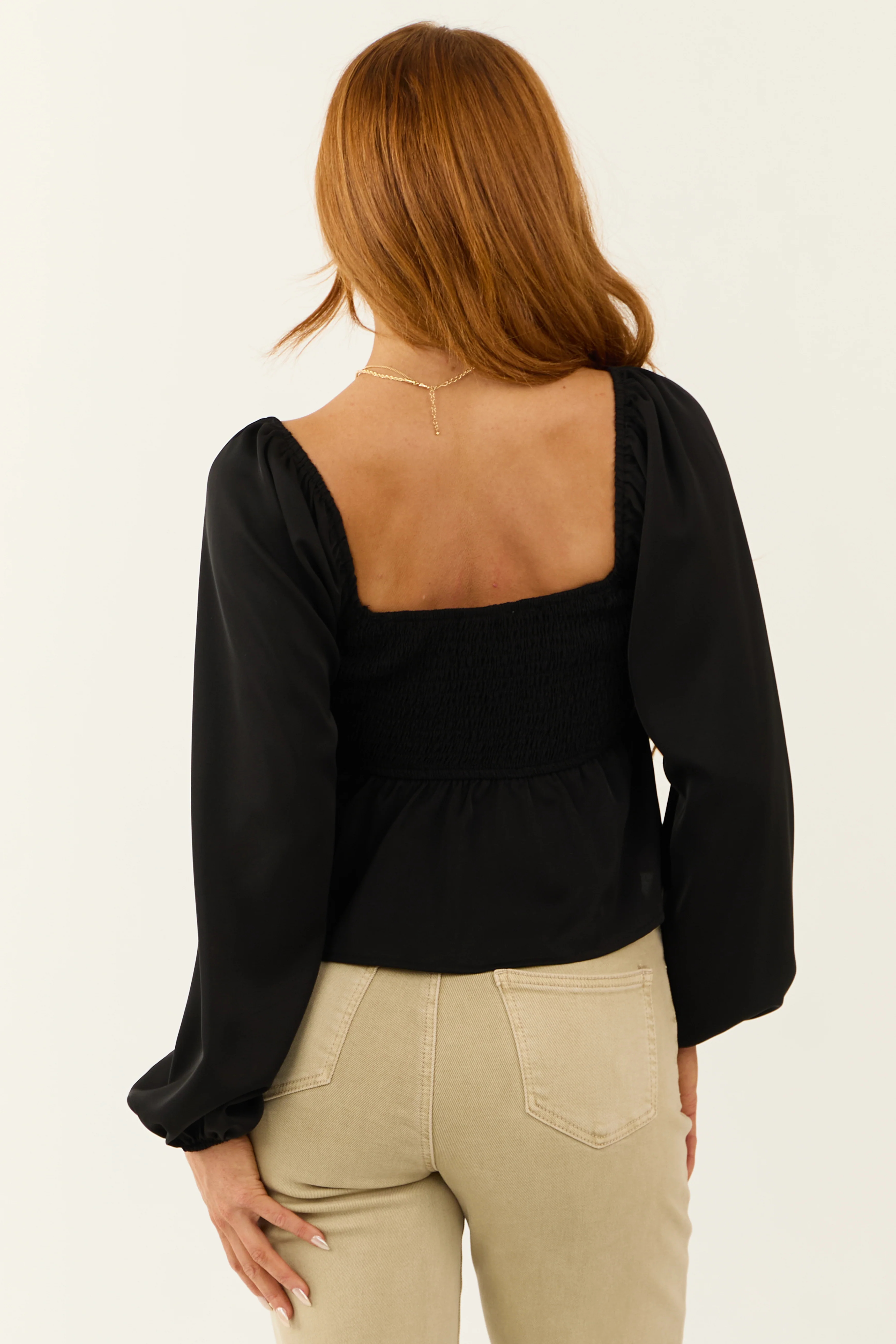 Black Long Puff Sleeve Sweetheart Neck Babydoll Top - Image 5