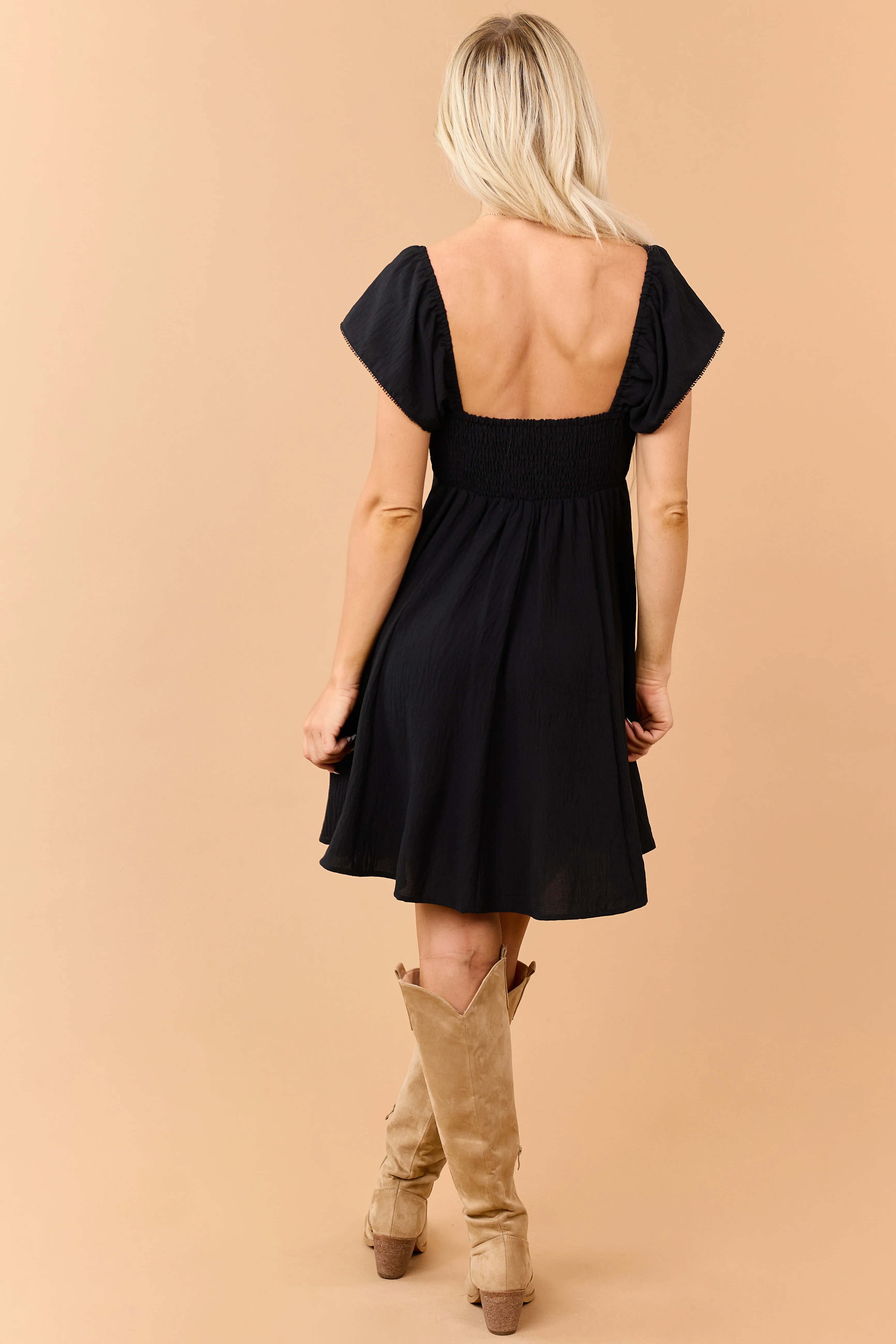 Black Low Back Flutter Sleeve Mini Dress - Image 5