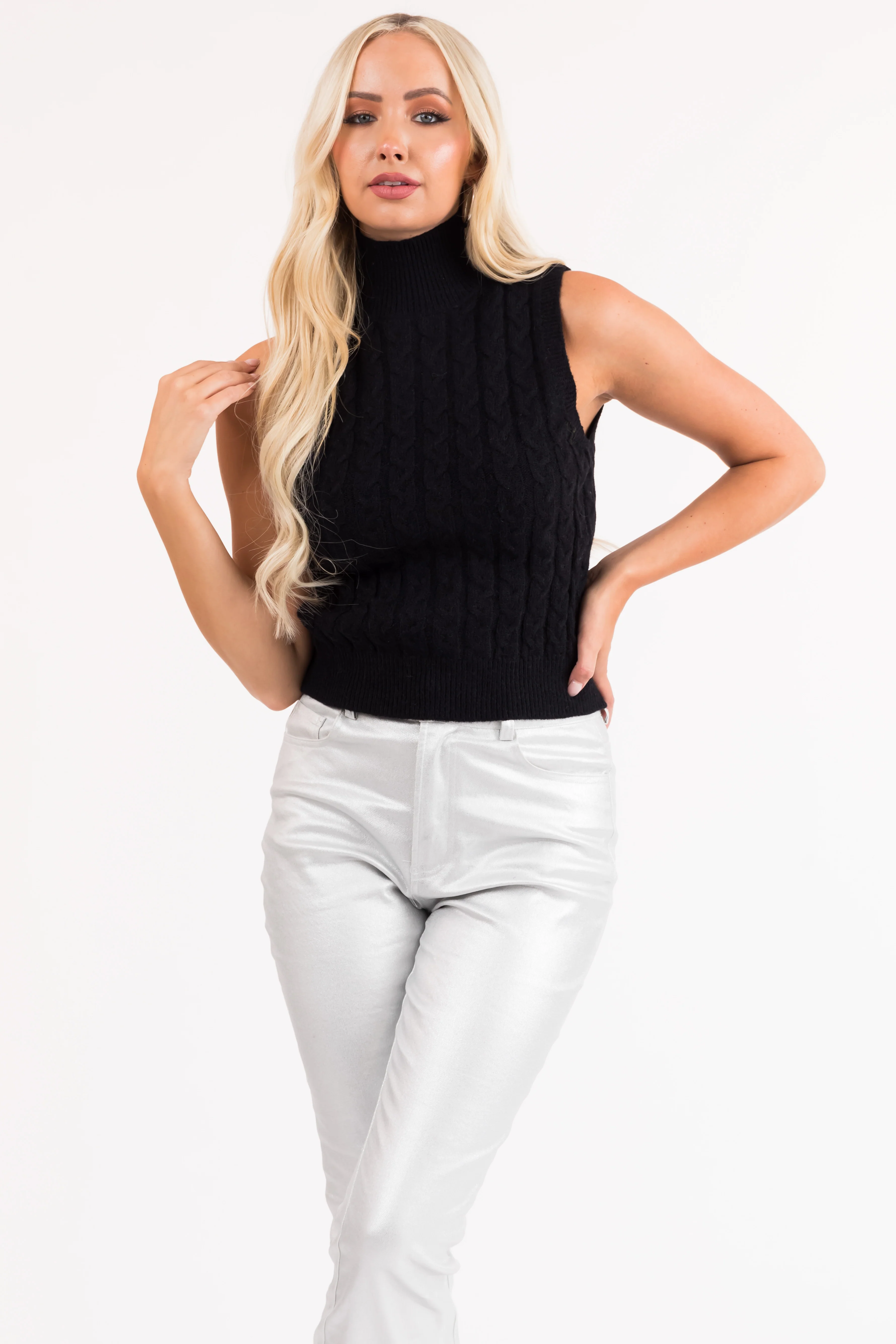 Black Mock Neck Cable Knit Tank Top - Image 2
