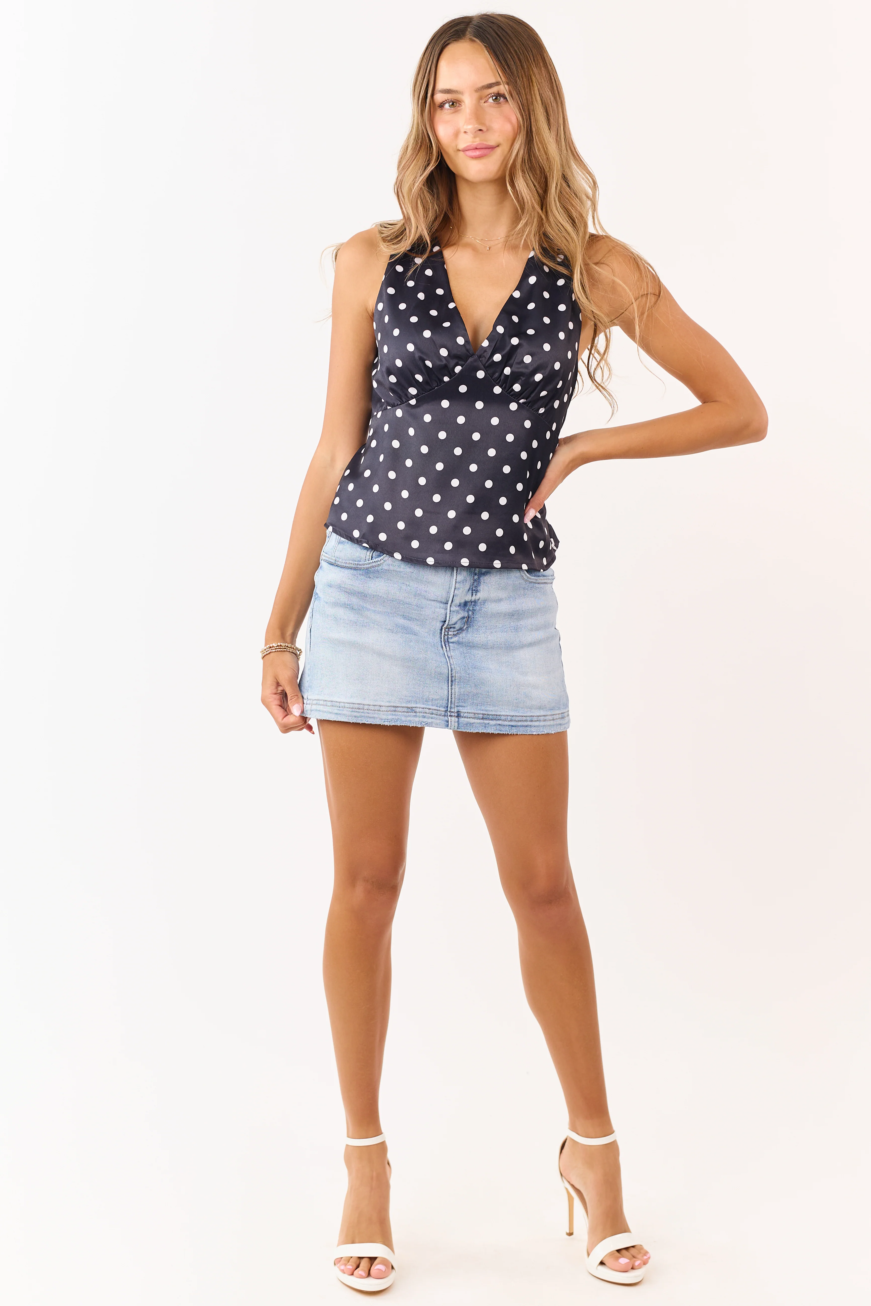 Black and Off White Polka Dot Satin Tank Top - Image 3