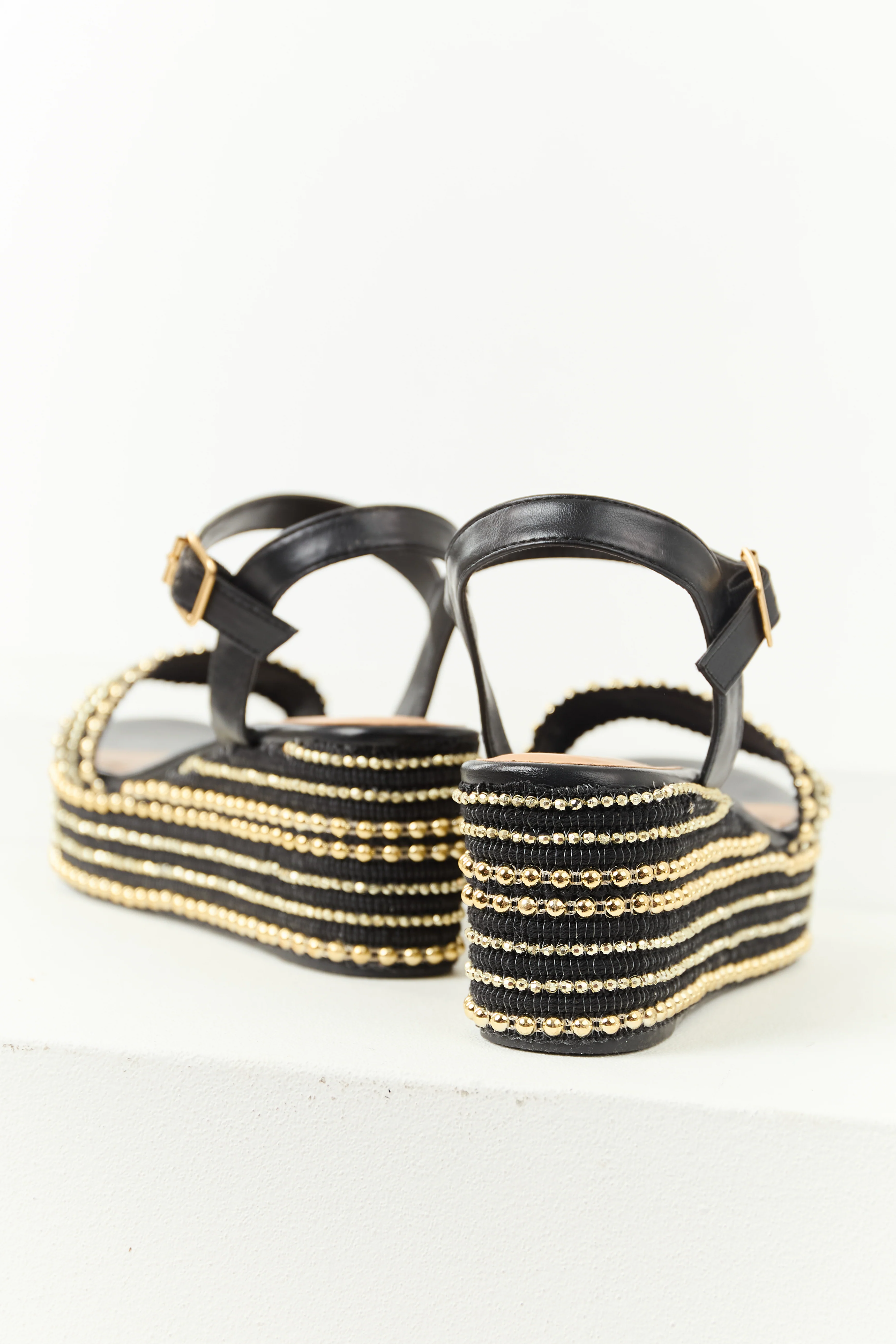 Black Open Toe Gold Bead Platform Wedges - Image 3