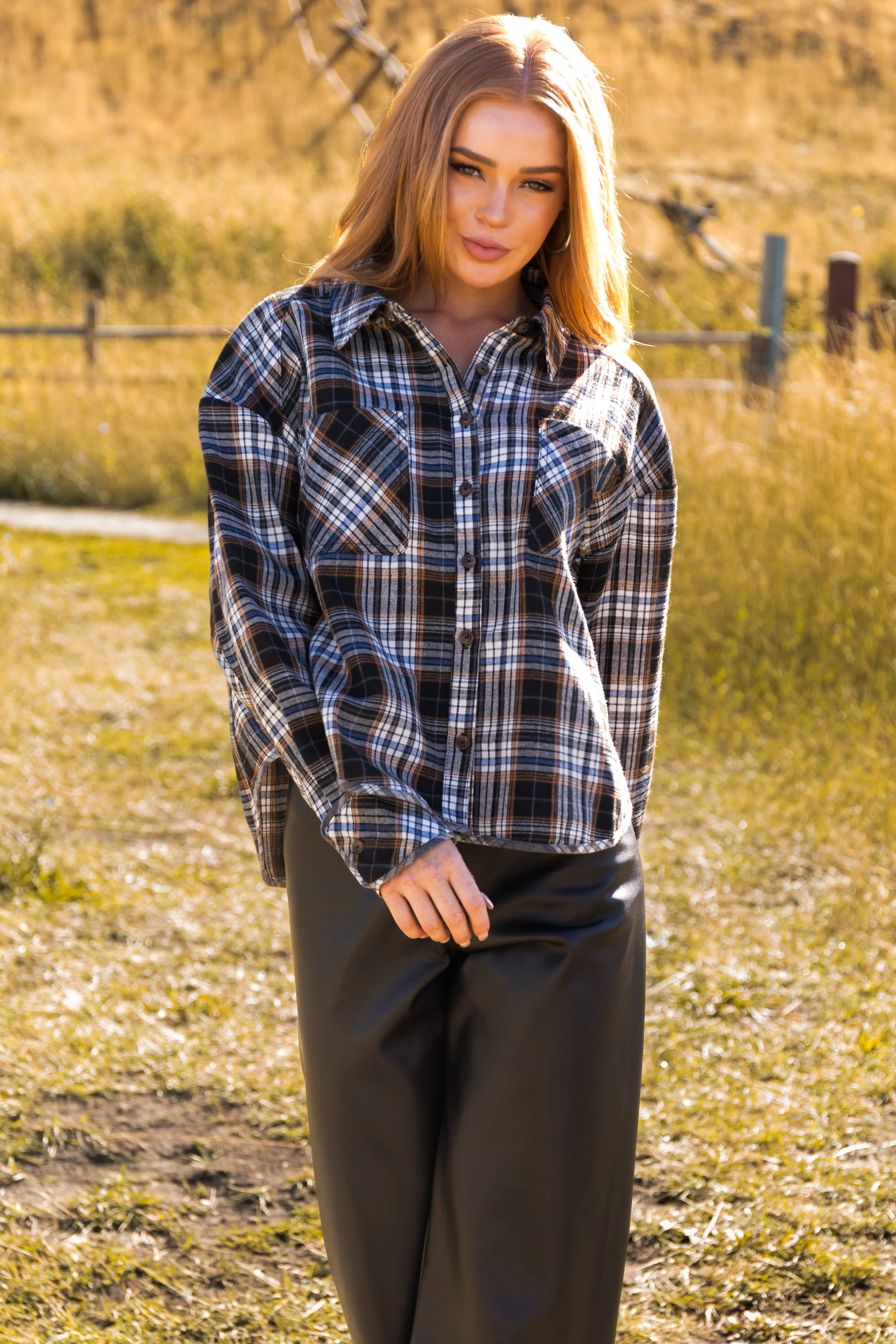 Black Plaid Double Chest Pocket Soft Flannel - Image 2
