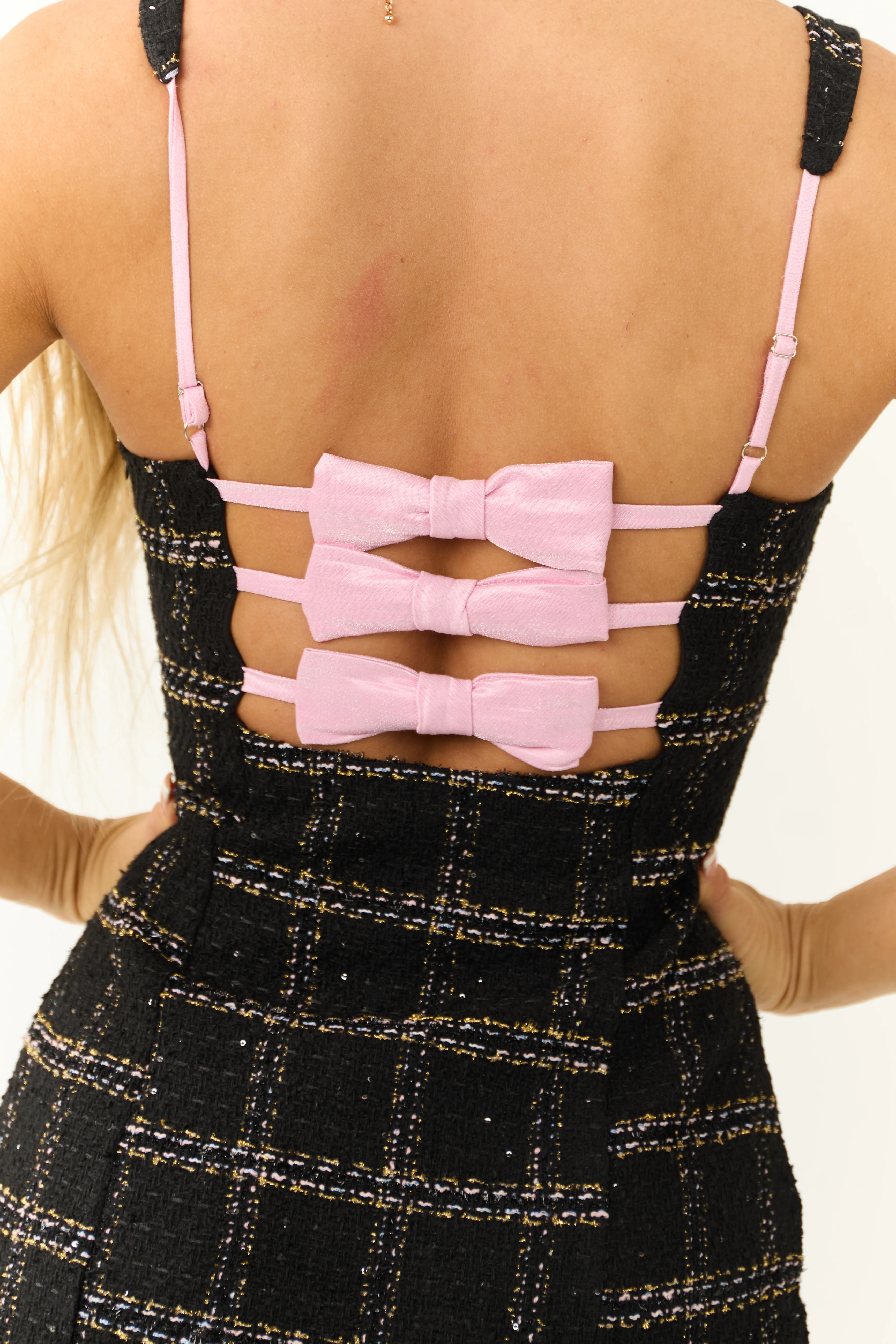 Black Plaid Sweetheart Tweed Bow Back Mini Dress - Image 7