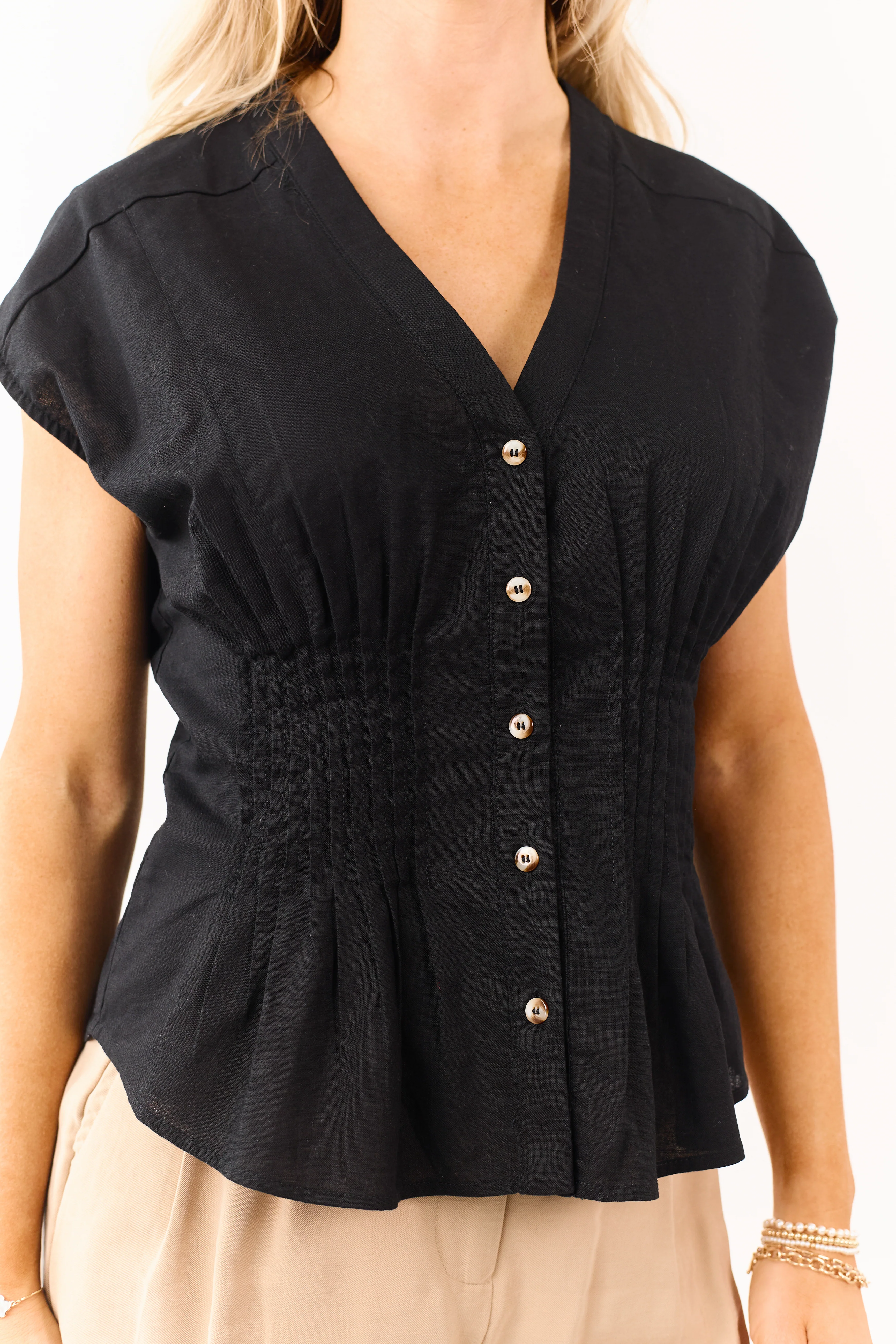 Black Pleated Linen Blend Button Down Top - Image 6