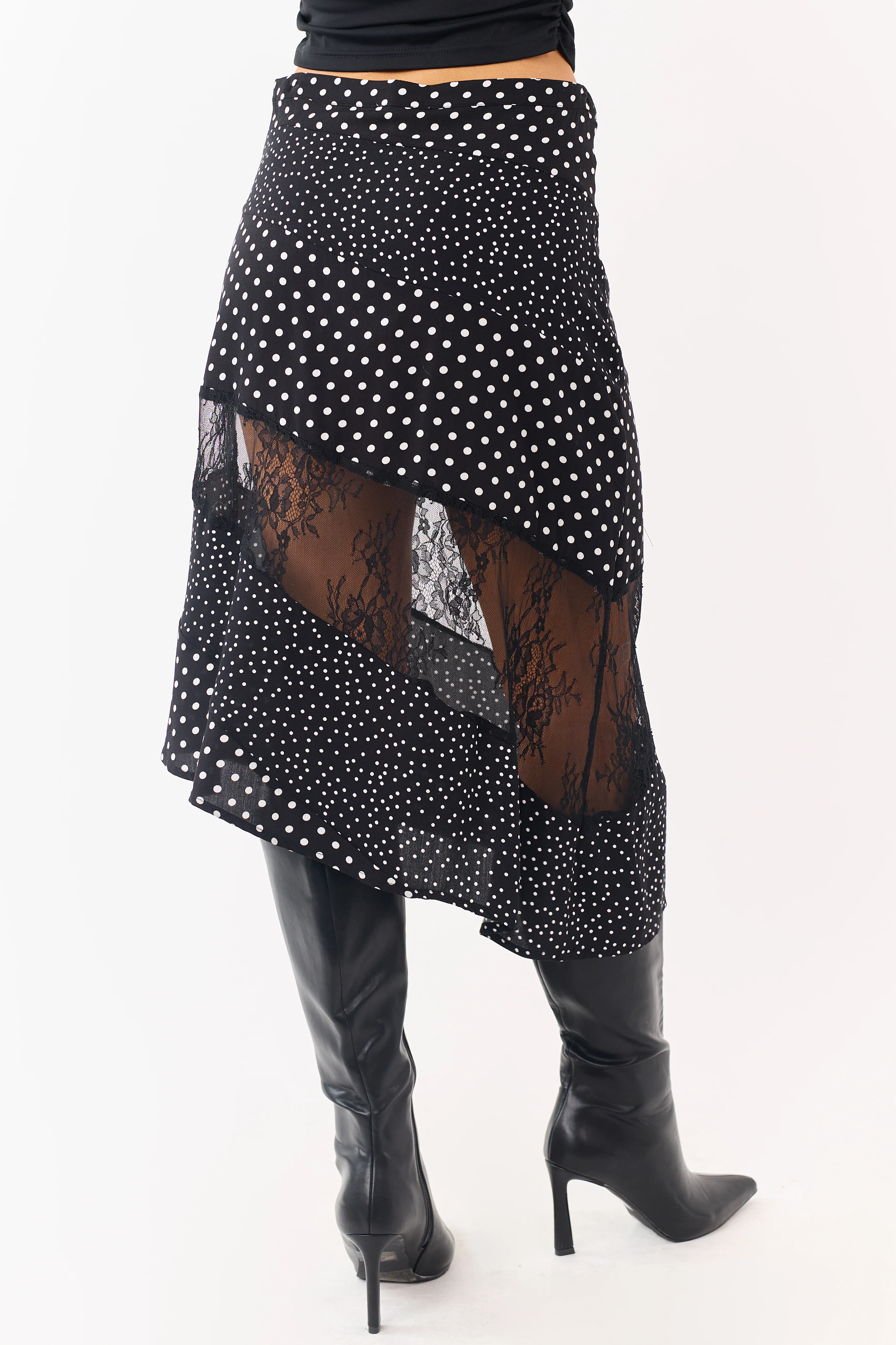 Black Polka Dot Lace Asymmetrical Midi Skirt - Image 4