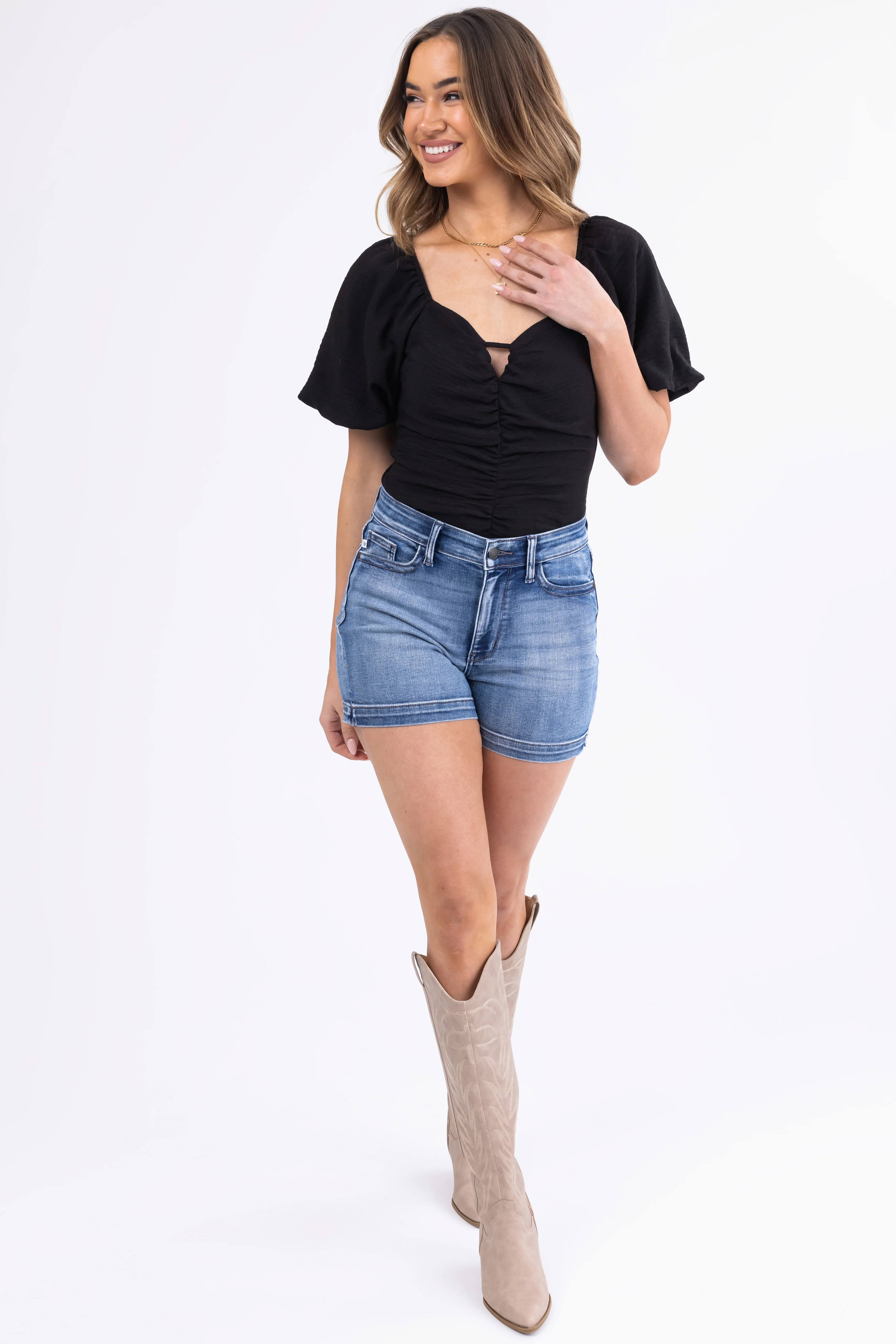 Black Puff Sleeve Ruched Linen Bodysuit - Image 3
