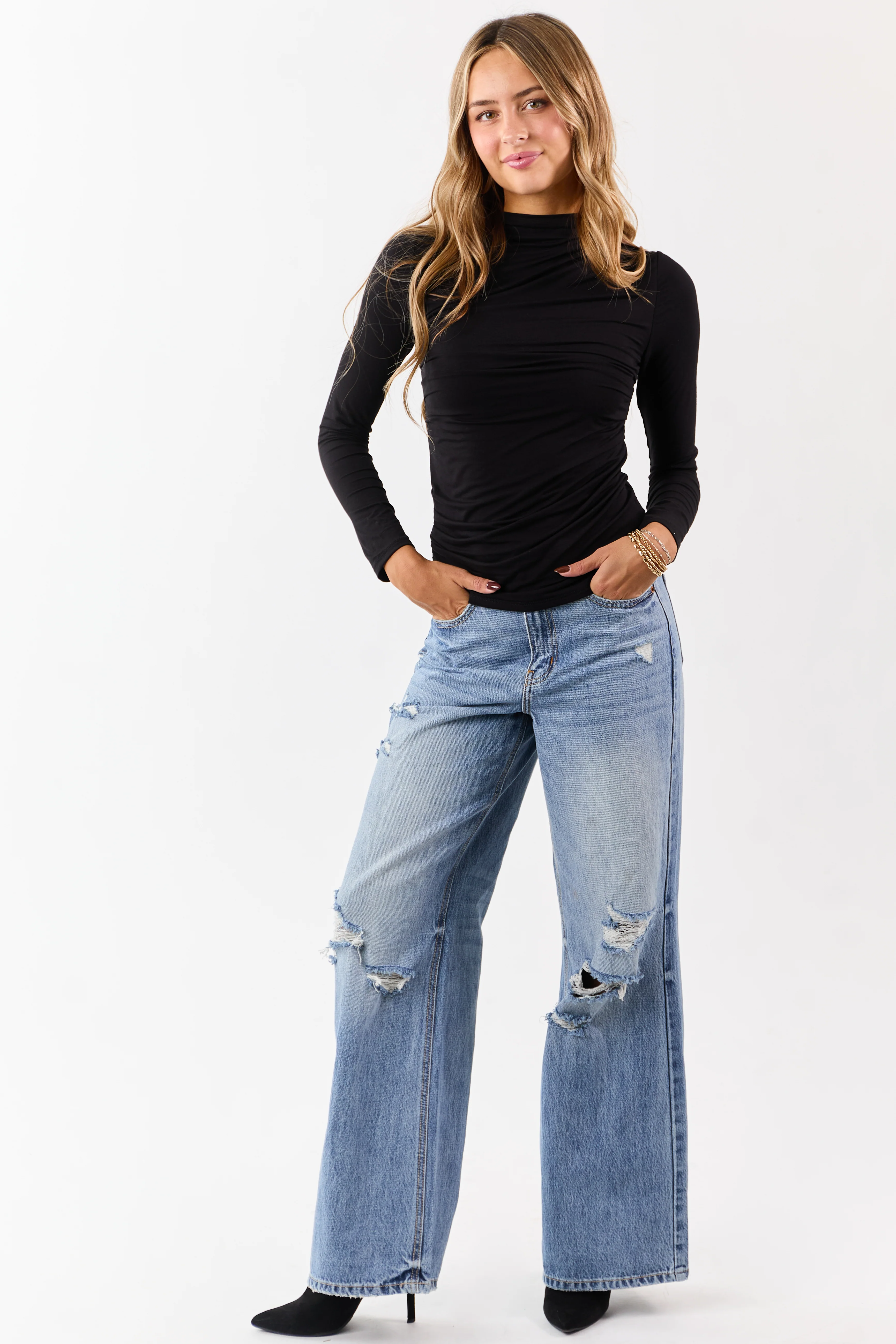 Black Ruched High Neck Double Layer Top - Image 4