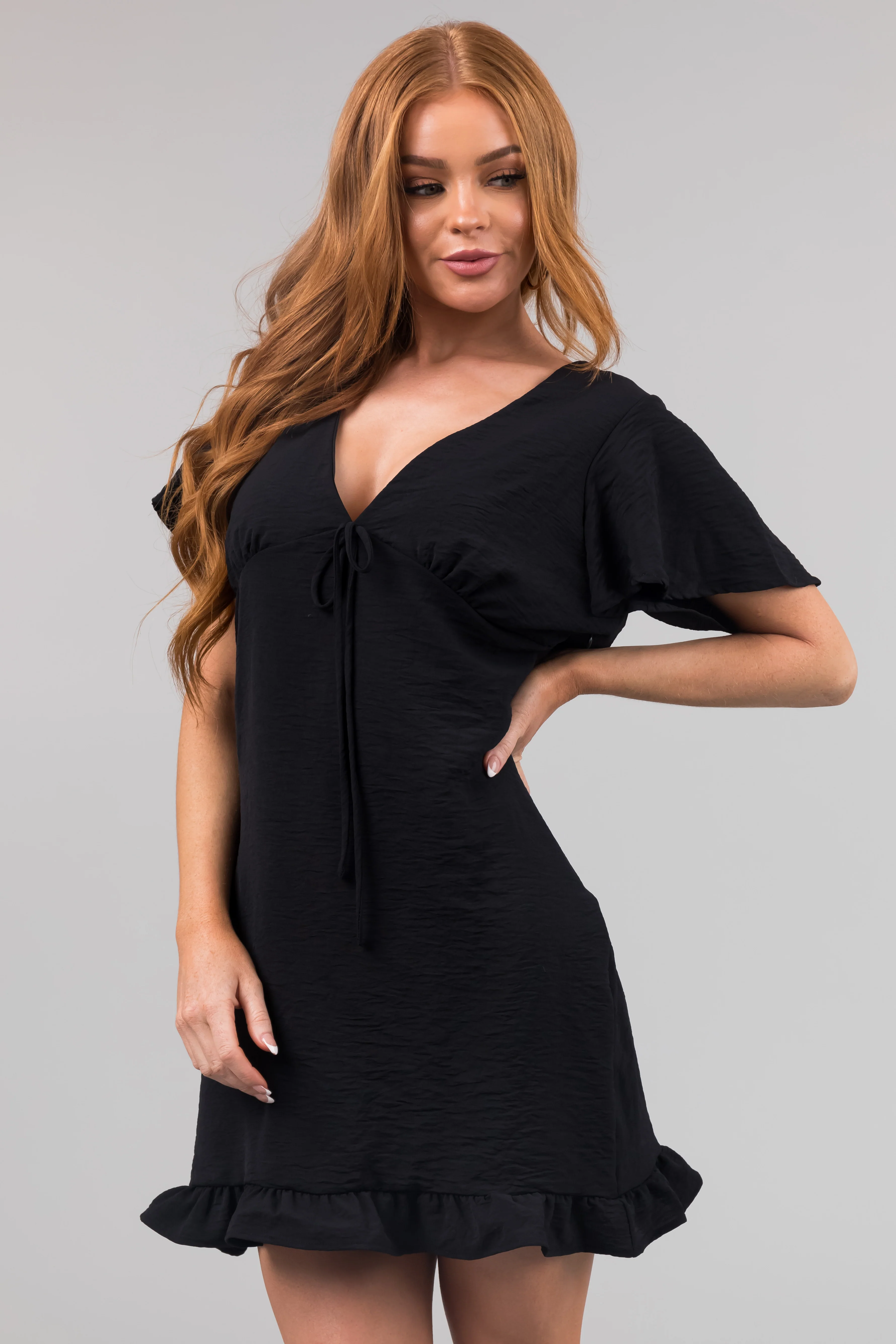 Black Ruffle Hem Babydoll Short Dress - Image 5