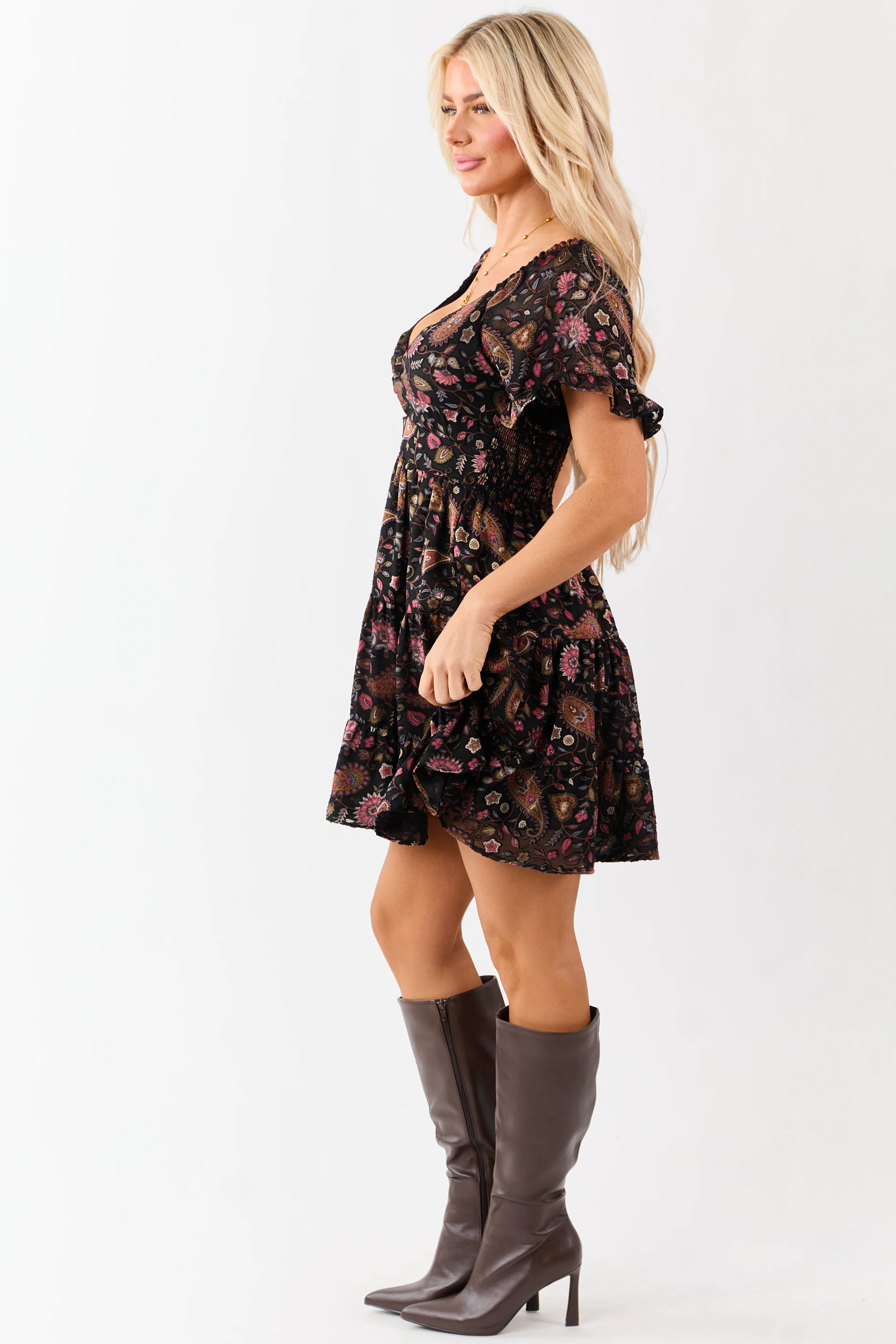 Black Satin Floral Paisley Pattern Tiered Mini Dress - Image 5