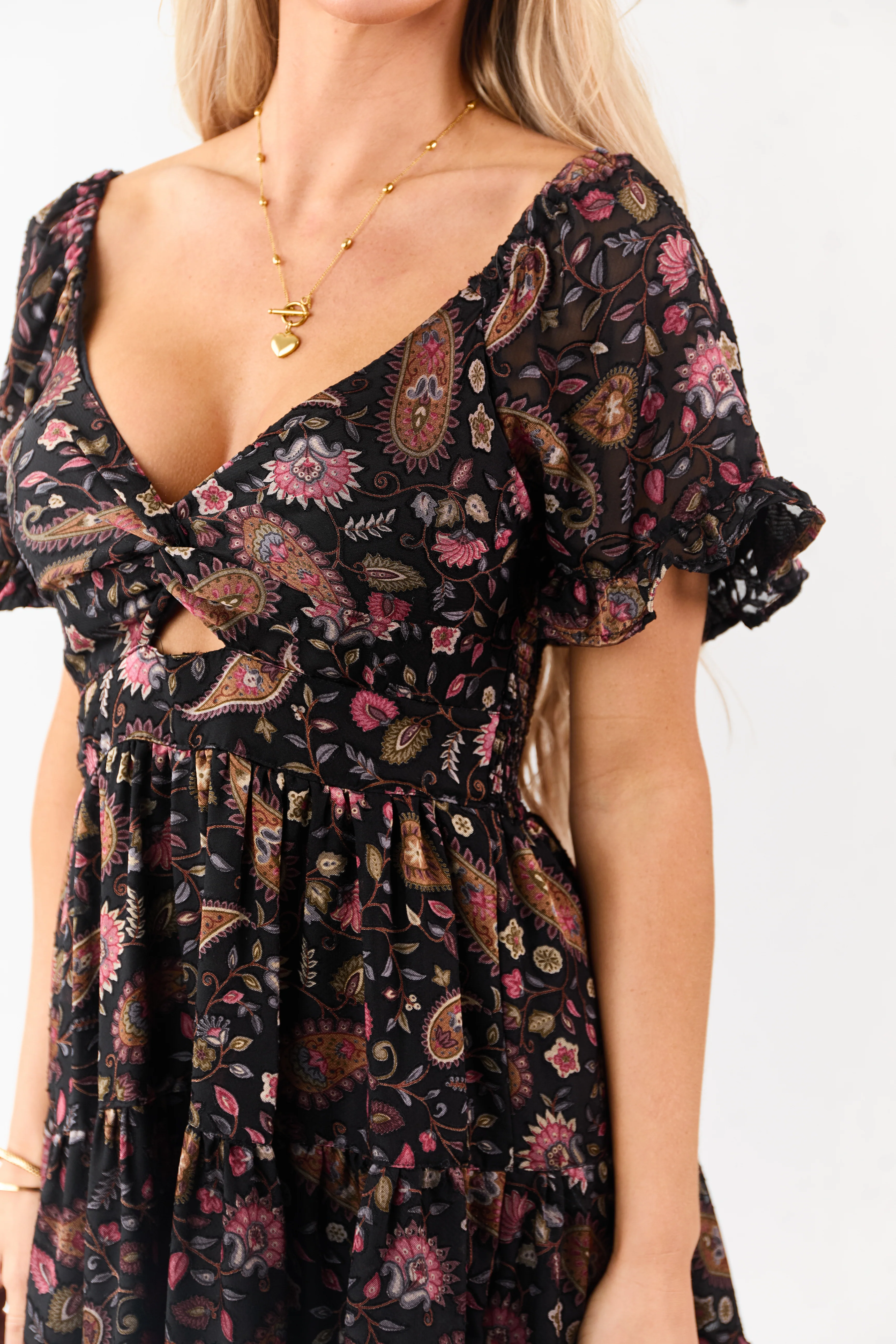 Black Satin Floral Paisley Pattern Tiered Mini Dress - Image 7