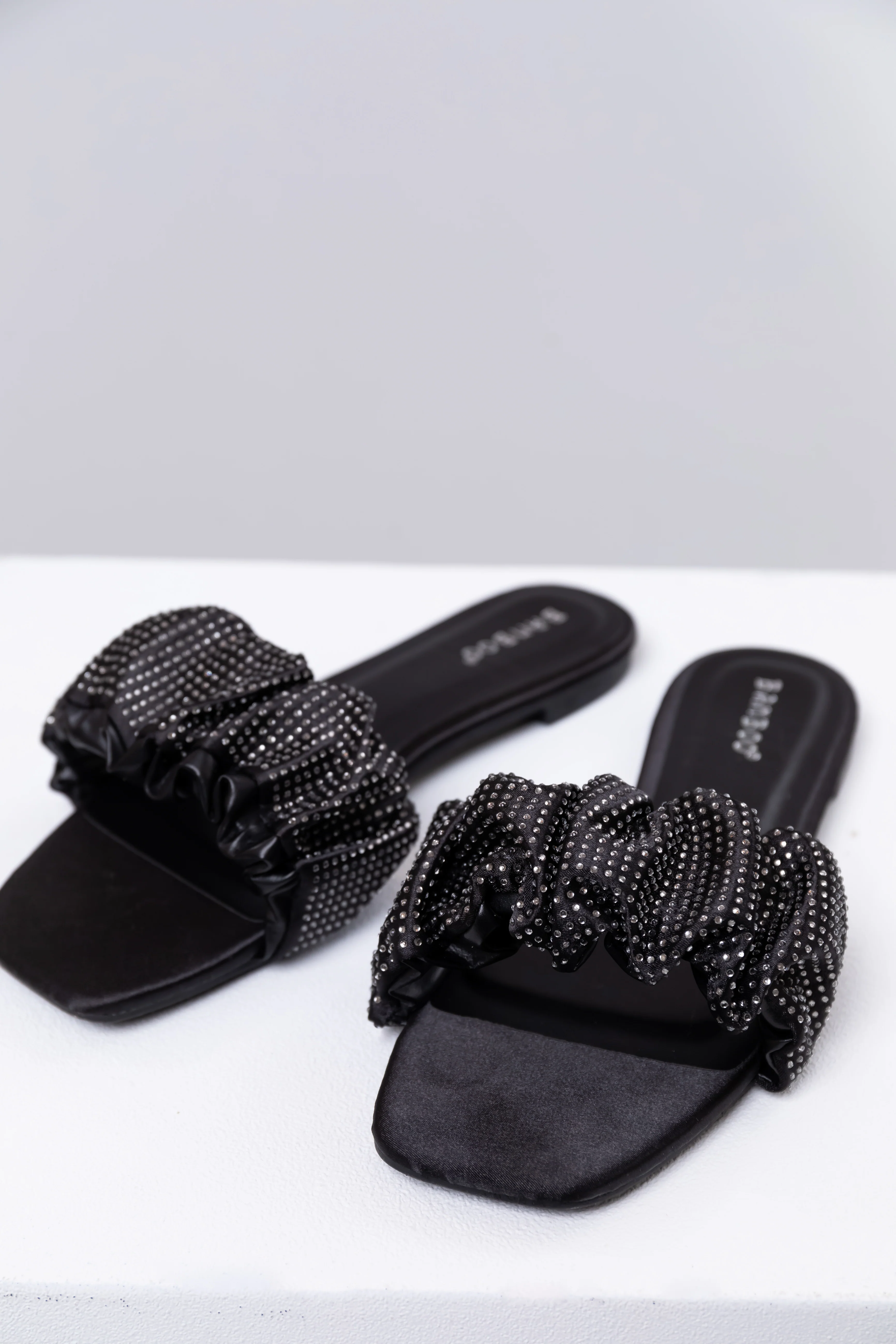 Black Satin Ruched Rhinestone Strap Sandals - Image 5