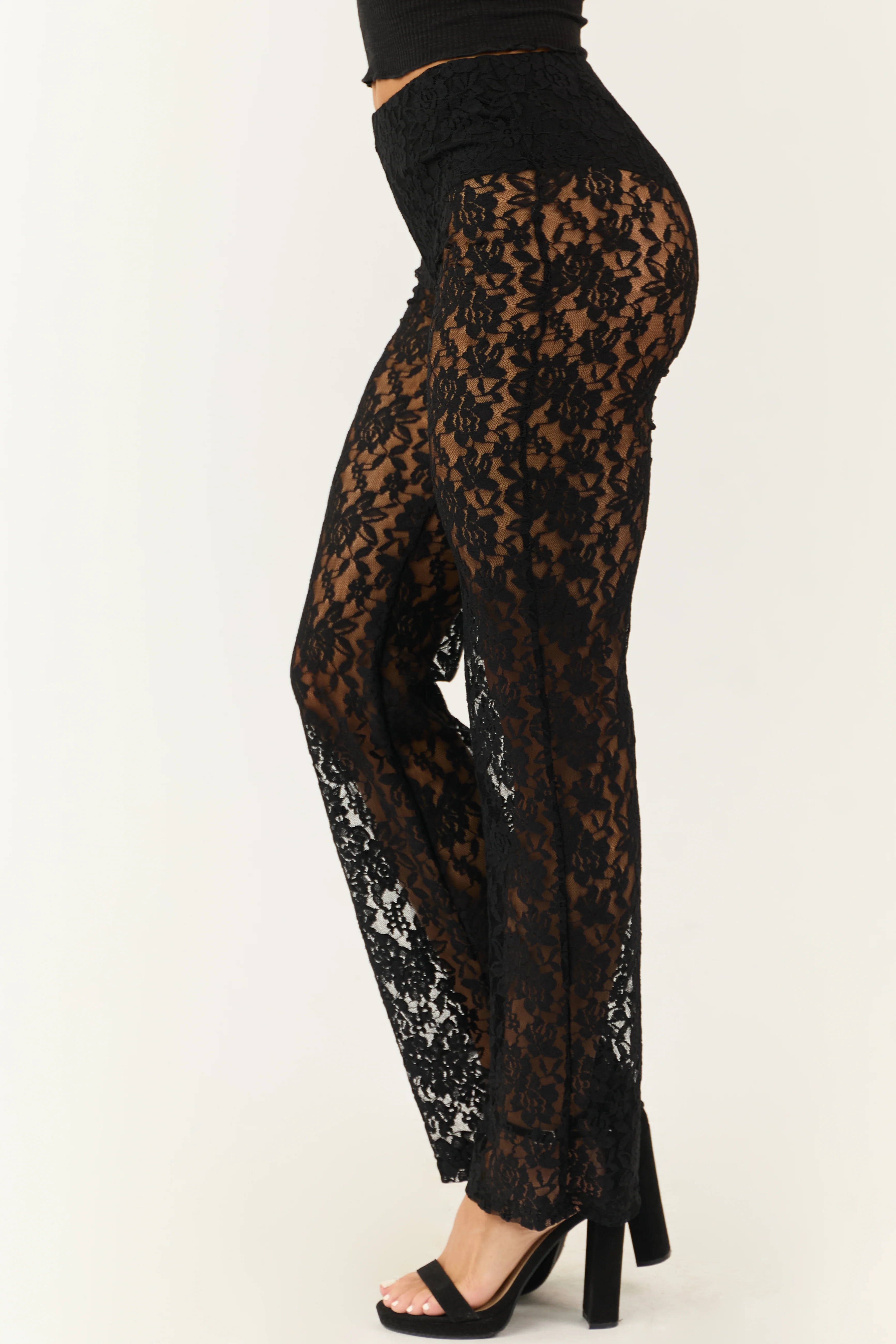 Black Sheer Lace High Waist Straight Leg Pants - Image 4