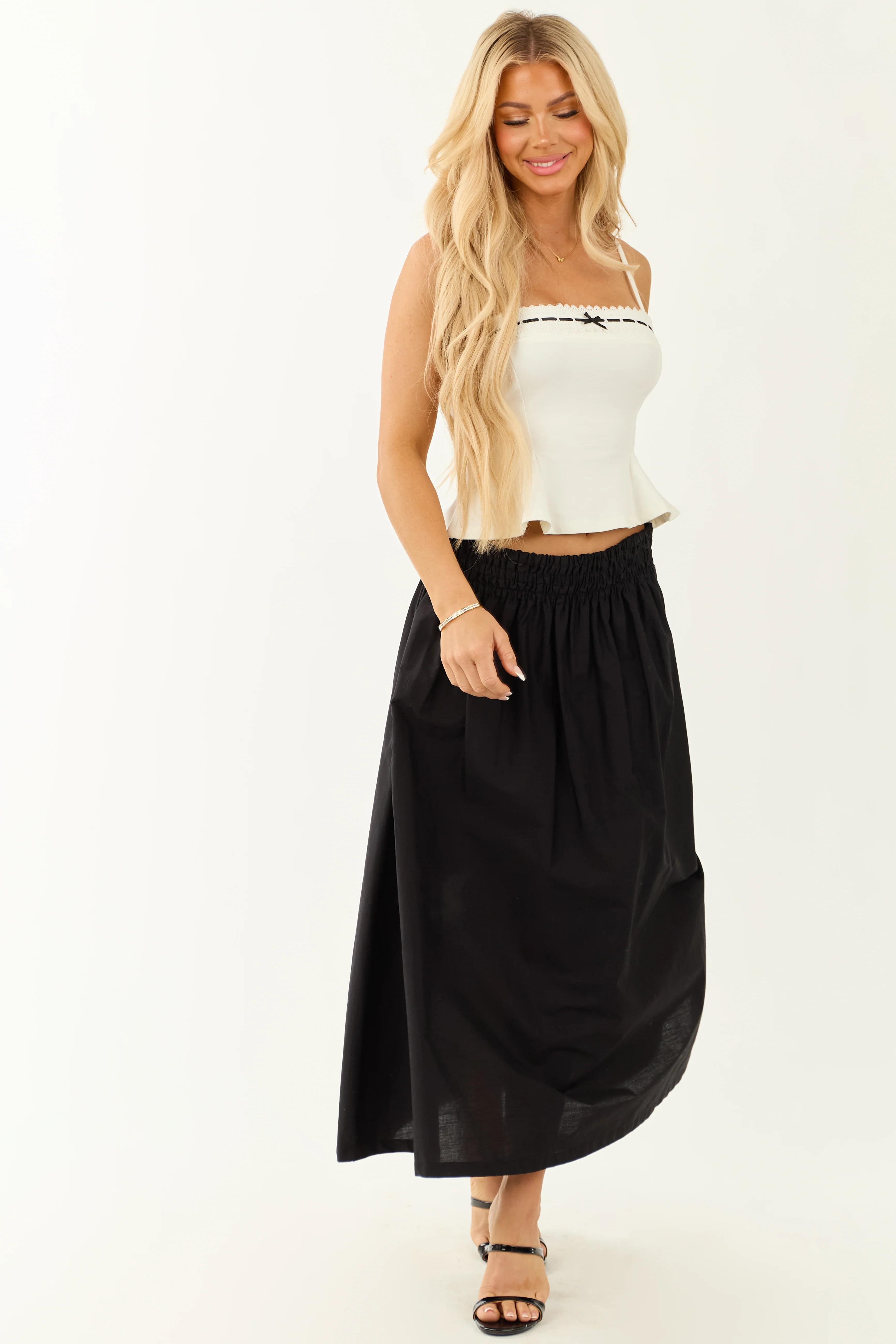 Black Smocked Waist Cotton Midi Skirt - Image 6