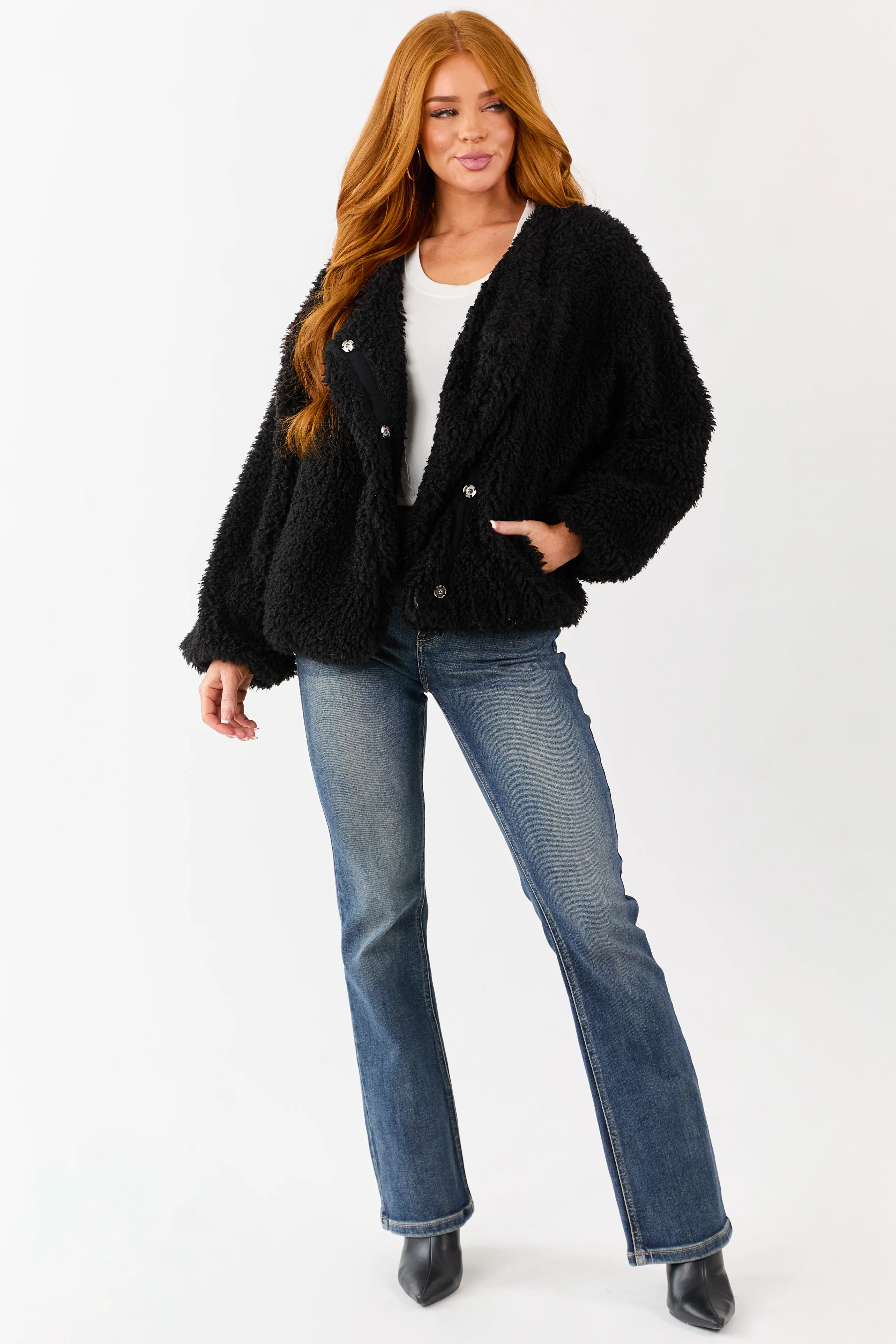 Black Soft Sherpa Snap Button Up Relaxed Jacket - Image 2