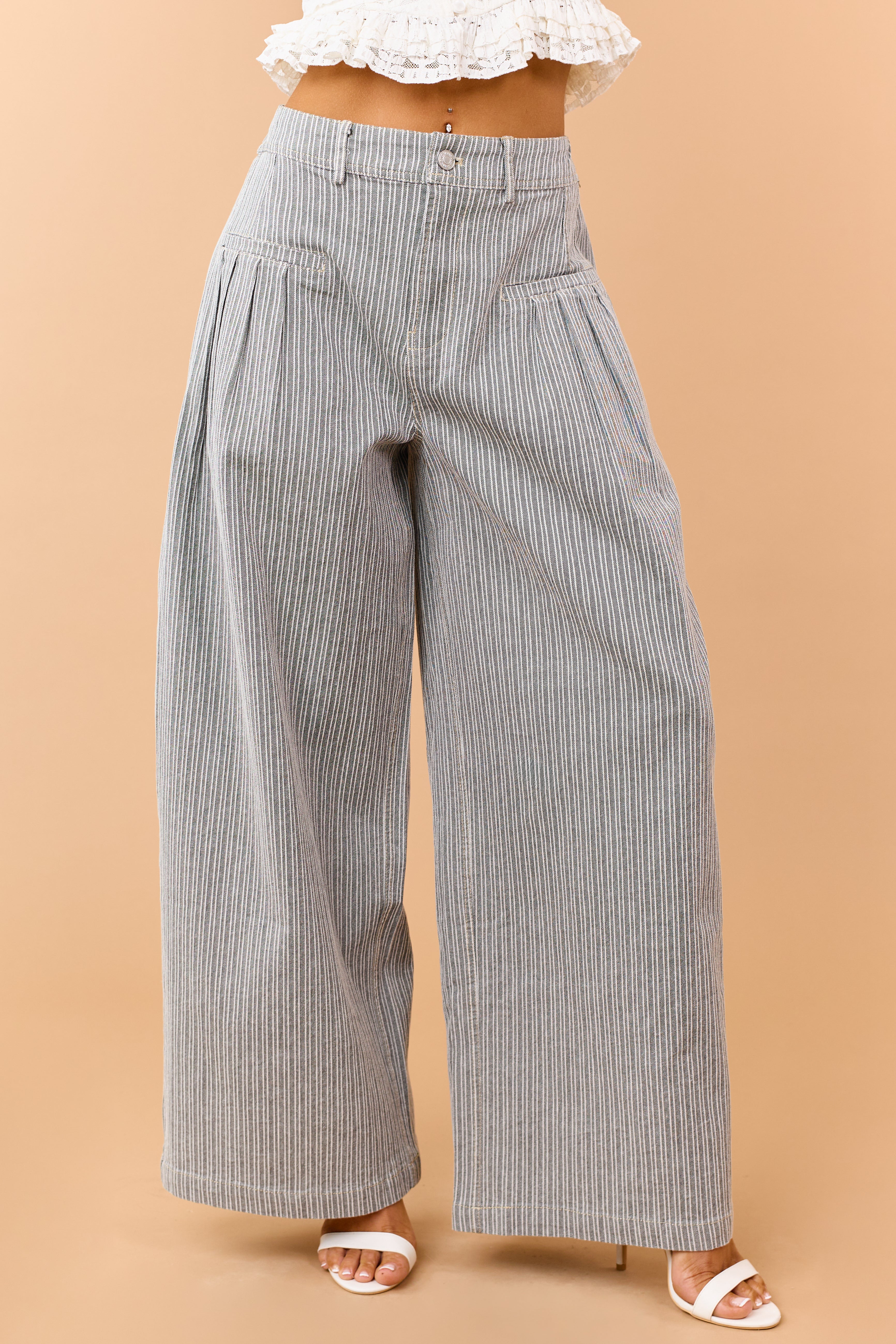 Black Striped Elastic Waistband Wide Leg Pants - Image 2