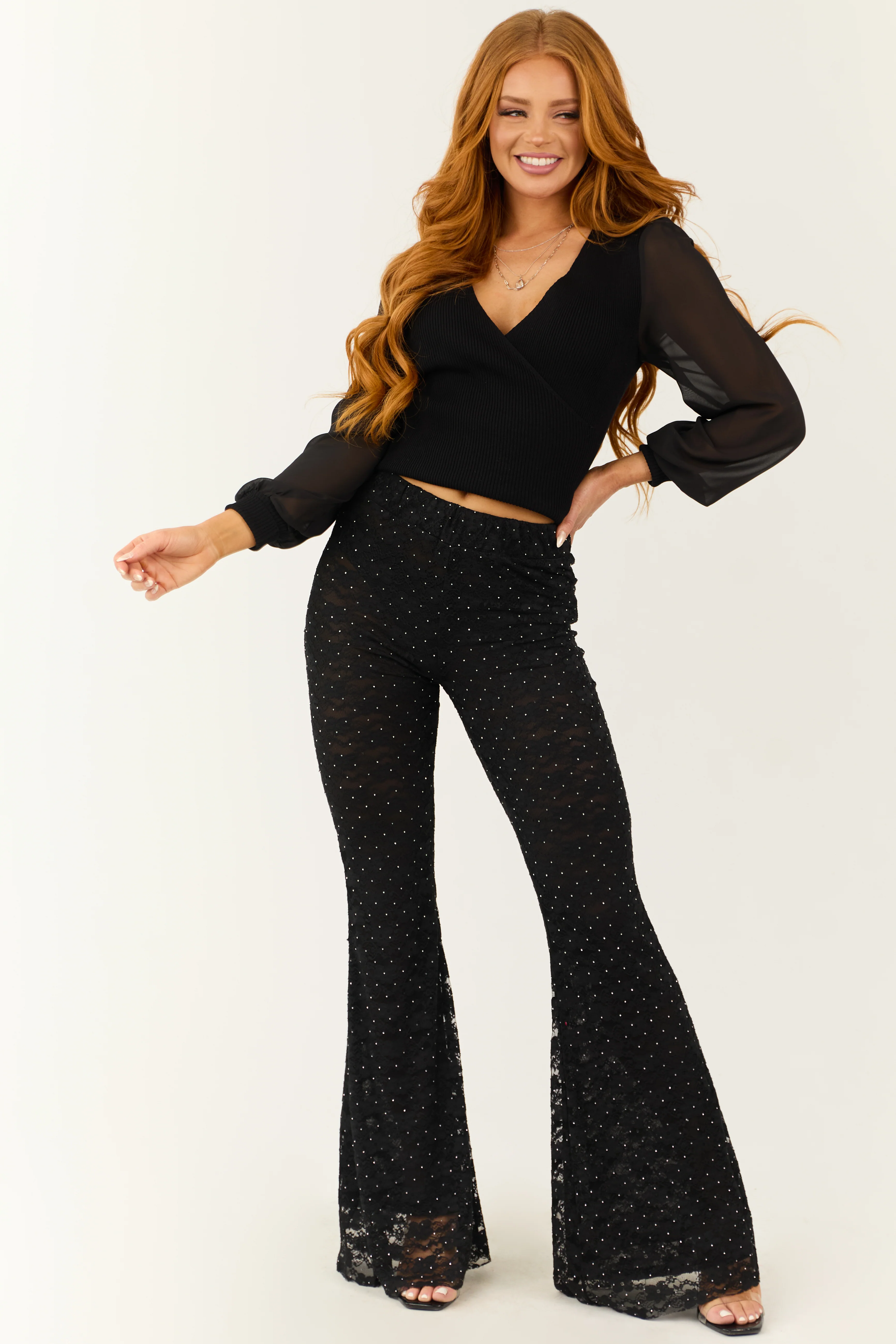 Black Studded Floral Lace High Waist Pants - Image 7