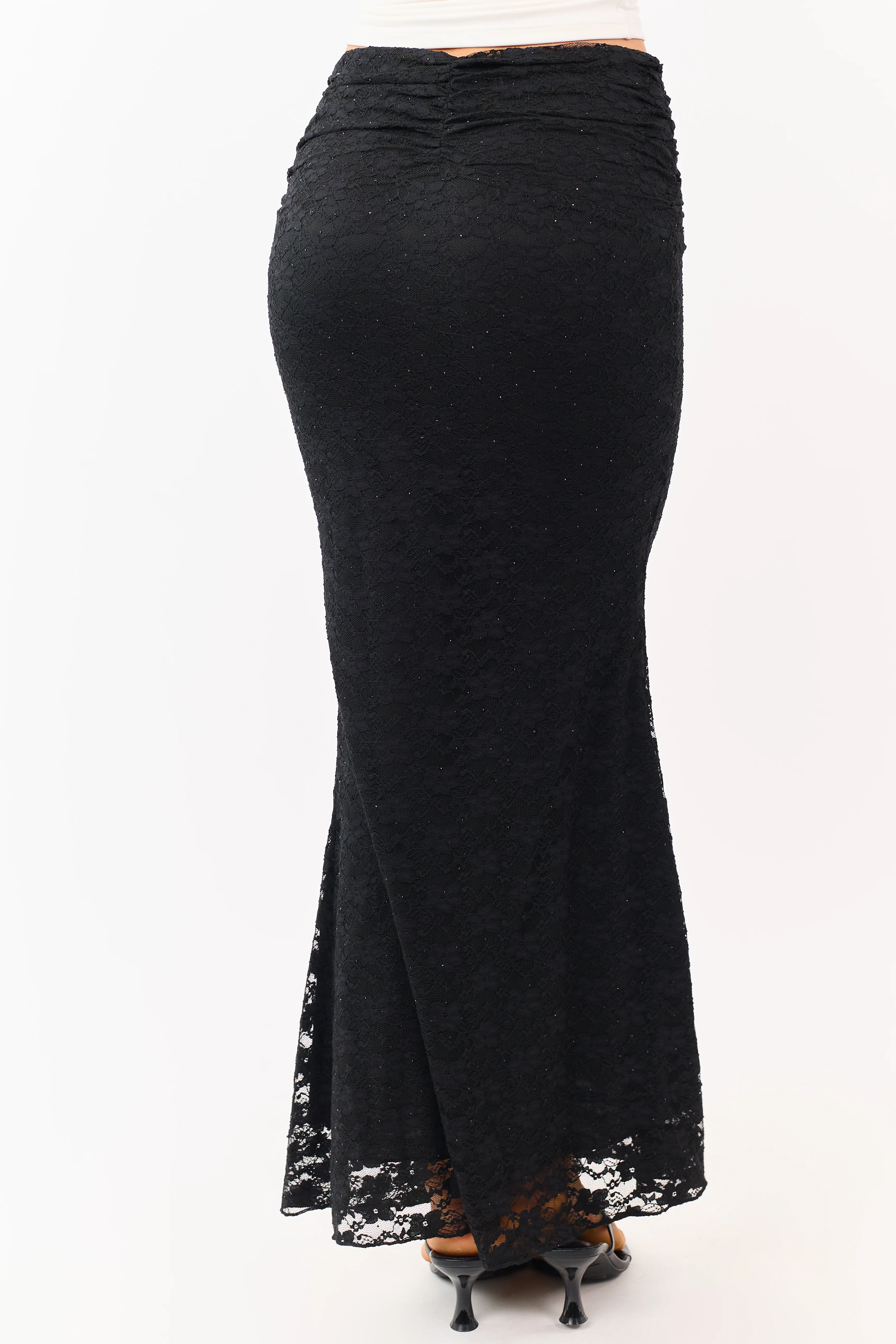 Black Studded Floral Lace Ruched Maxi Skirt - Image 4