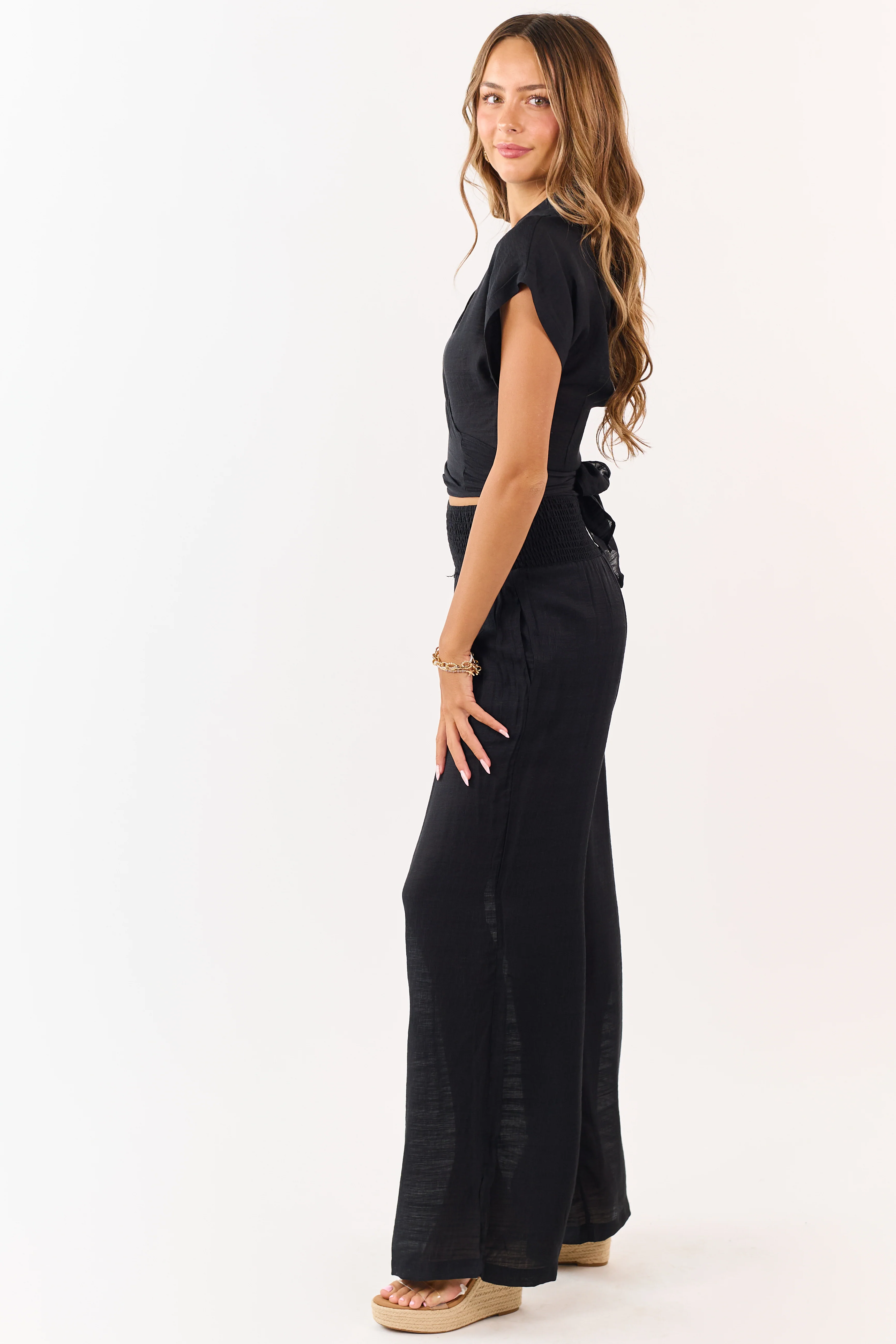 Black Tie Front Top and Wide Leg Pants Set - Image 4
