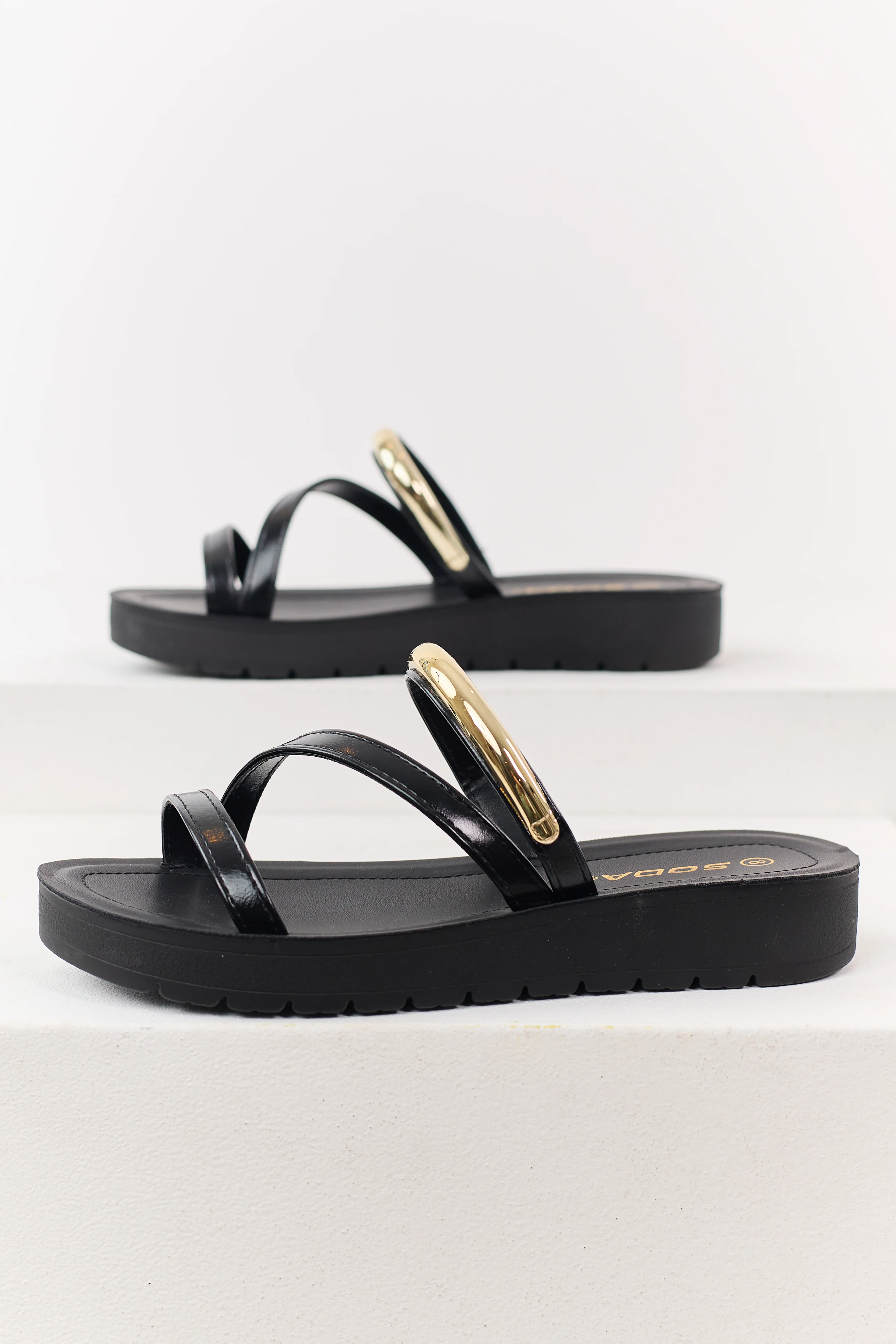 Black Triple Strap Platform Slip On Sandals - Image 2