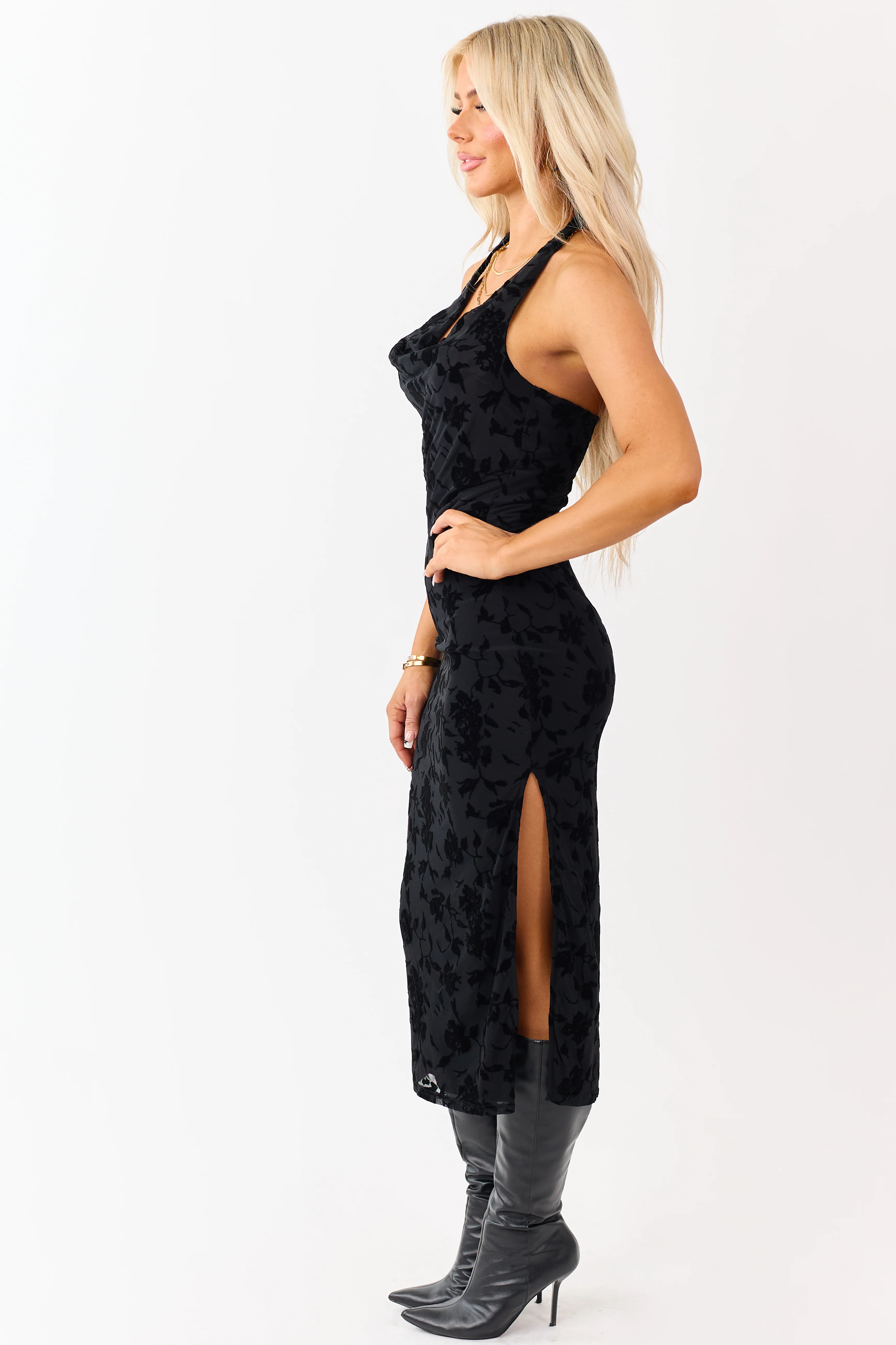 Black Velvet Burnout Halter Cowl Neck Midi Dress - Image 6