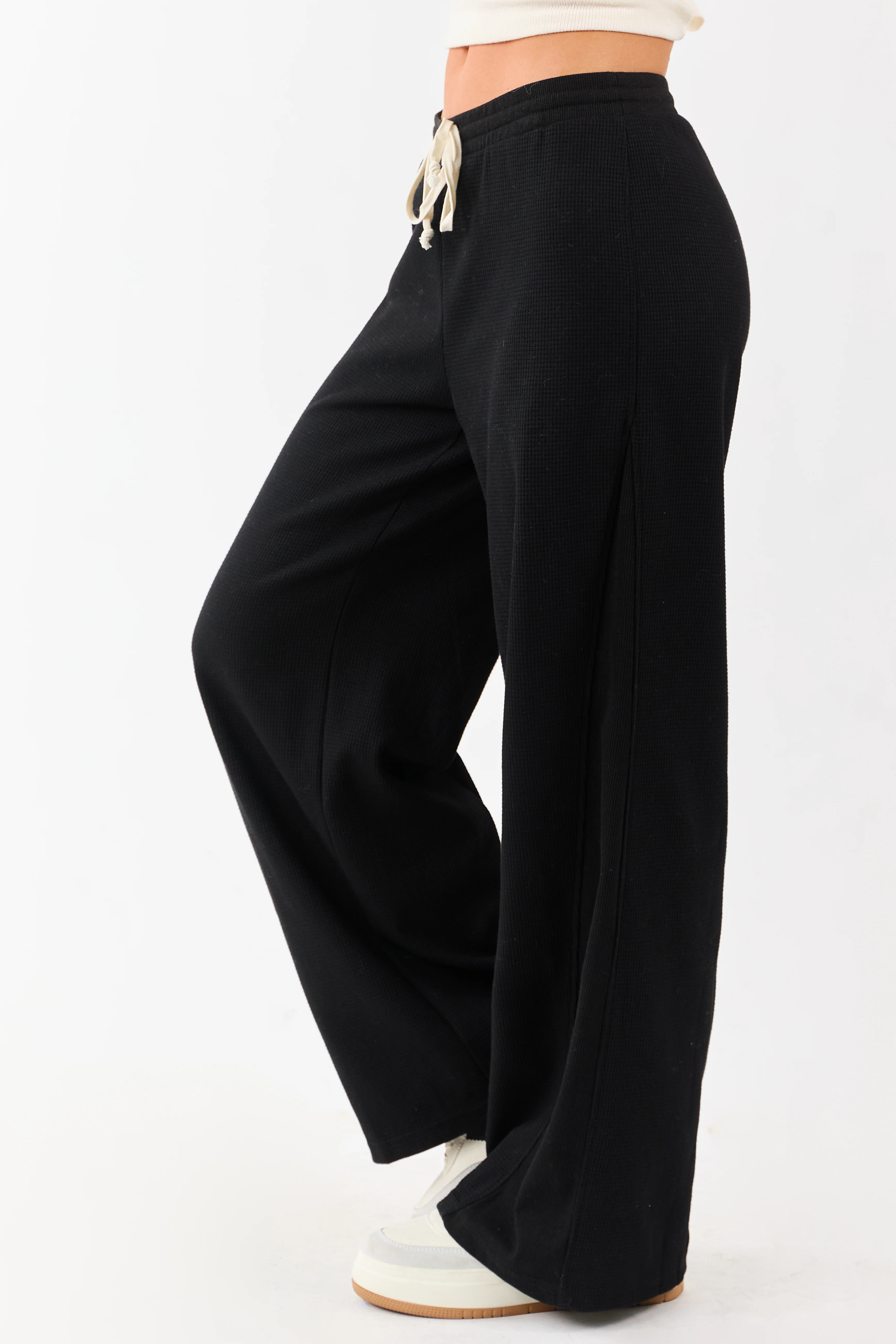 Black Waffle Knit Wide Leg Drawstring Pants - Image 3