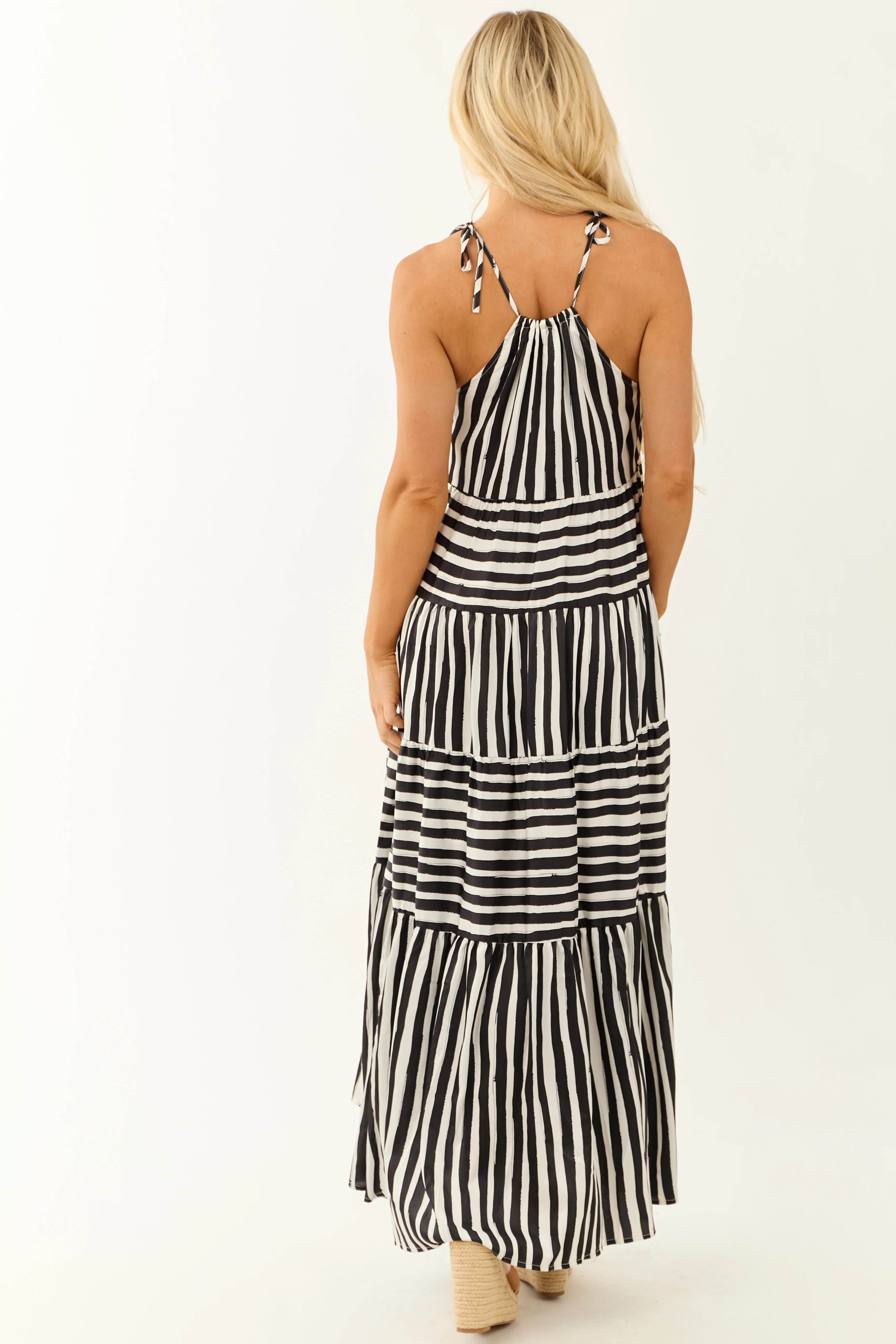 Black and White Striped Satin Sleeveless Maxi Dress - Image 5