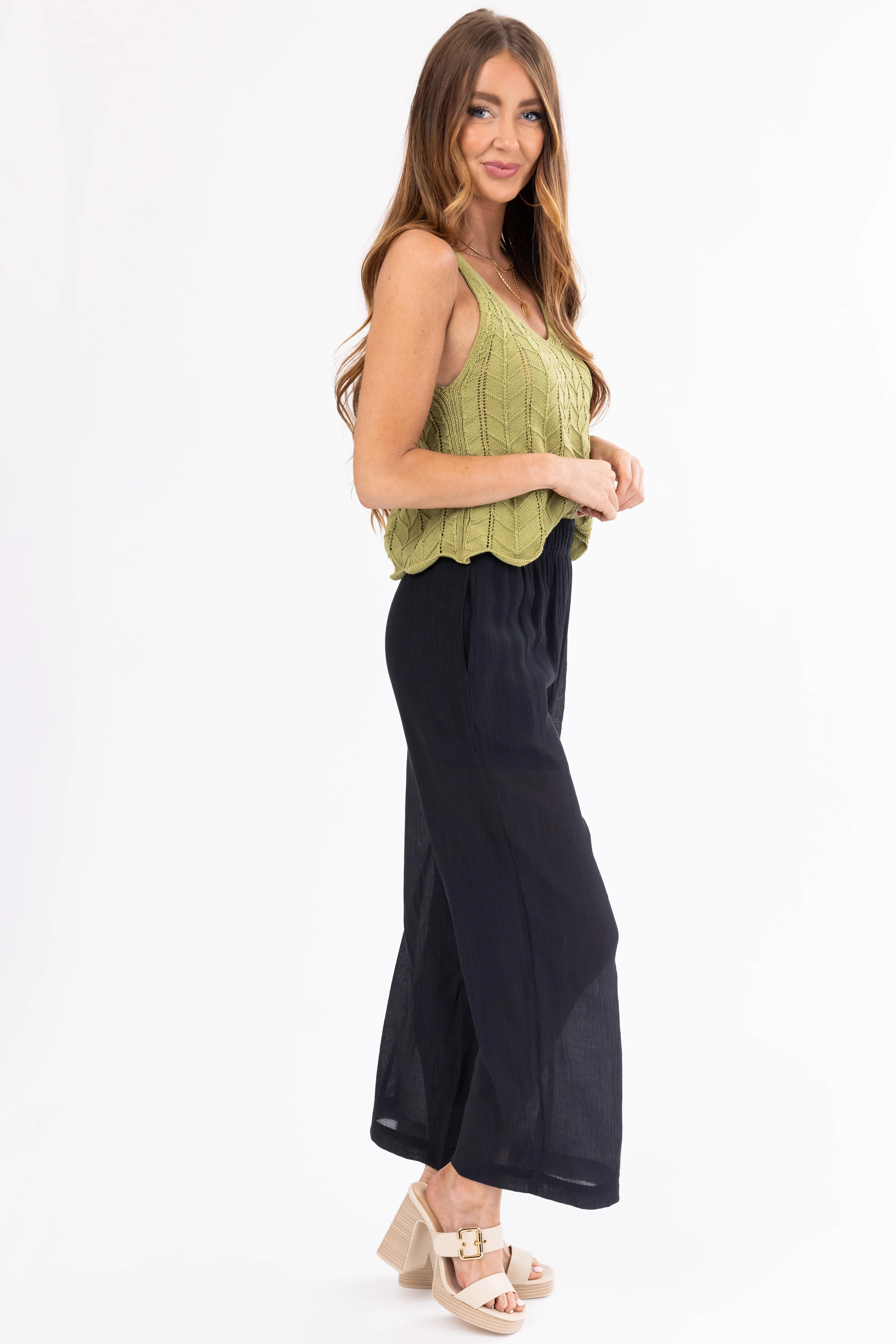 Black Wide Leg Textured Woven Pants - Image 6