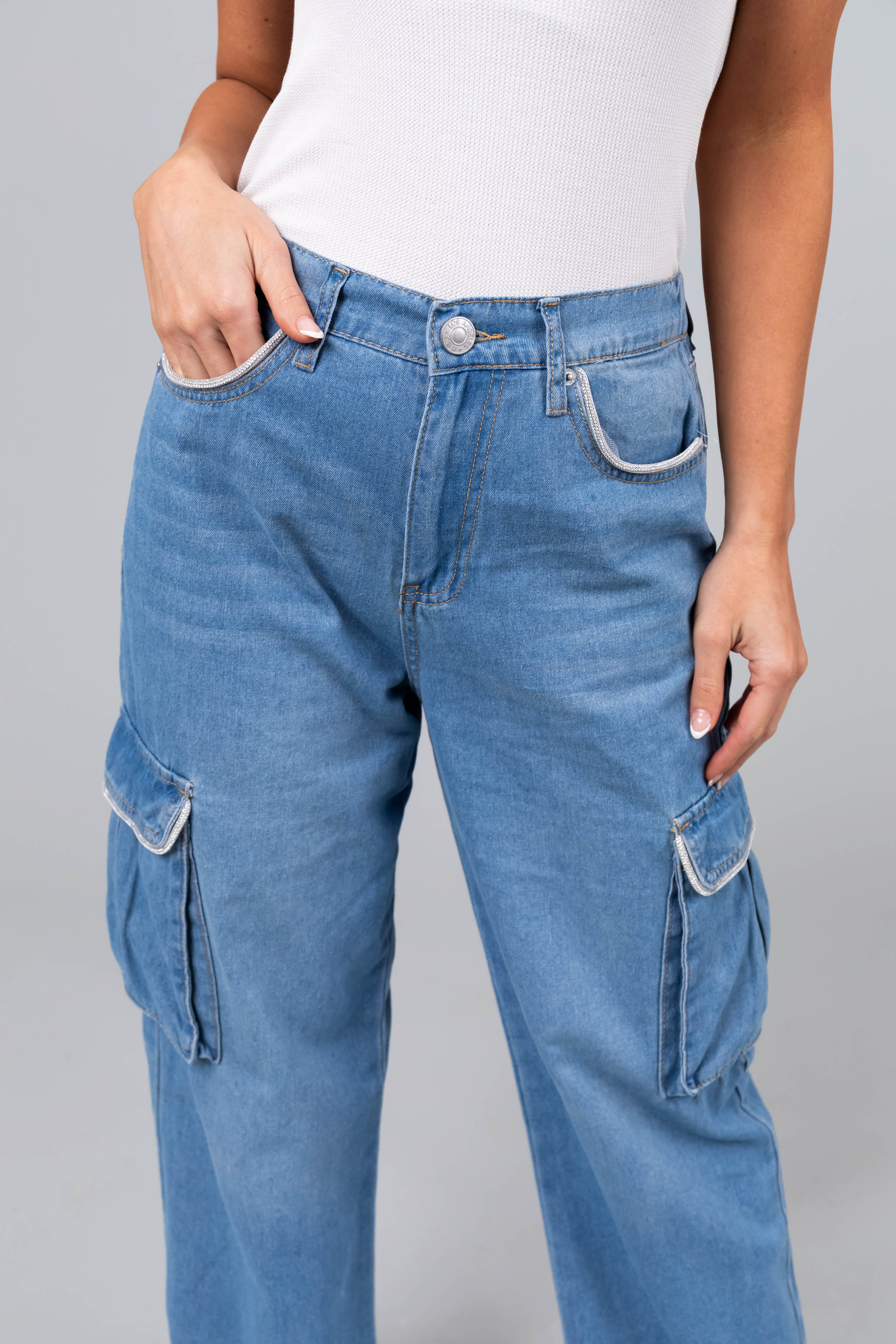 Boom Boom Light Wash Rhinestone Cargo Jeans - Image 3