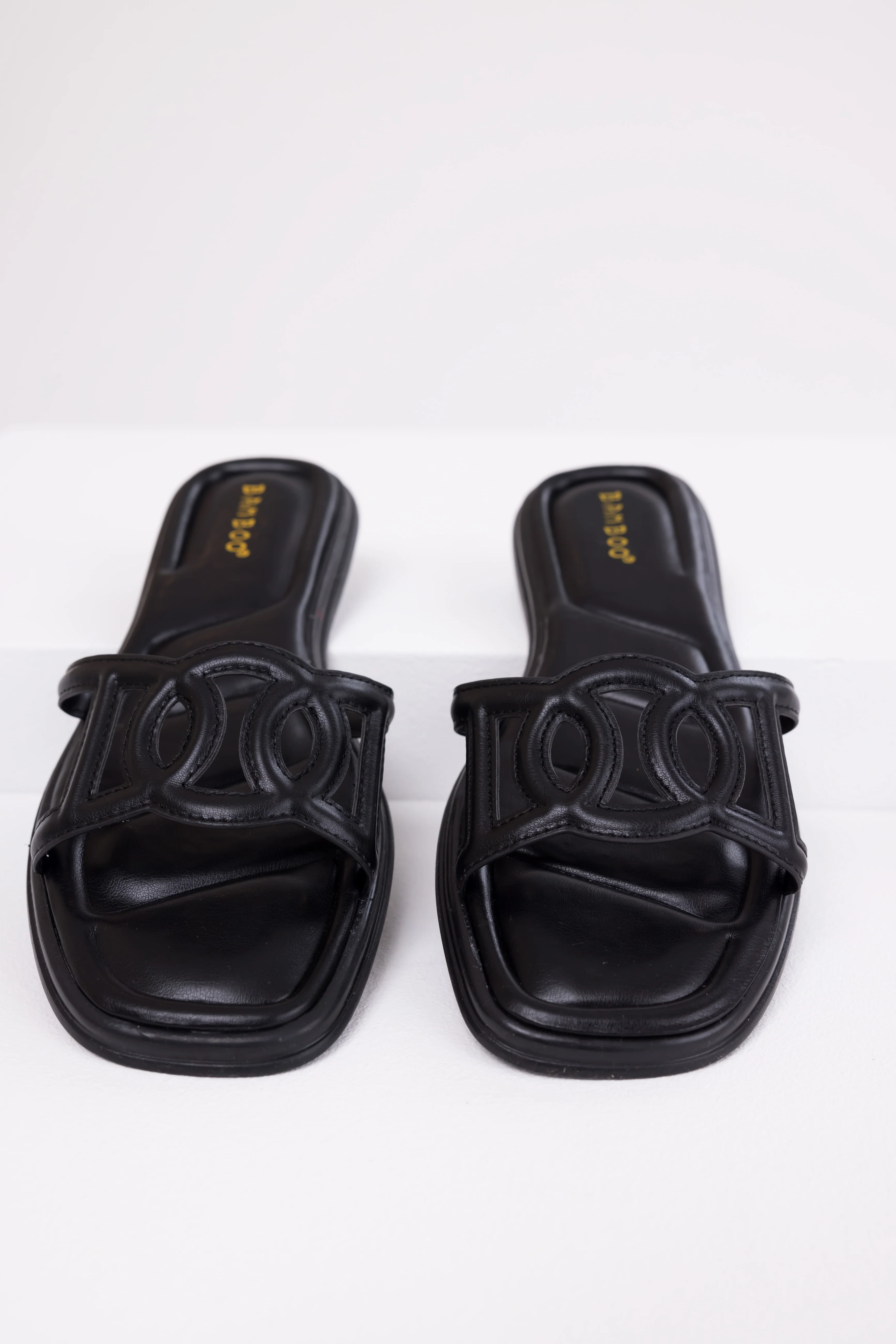 Black Open Square Toe Flat Sandals - Image 2