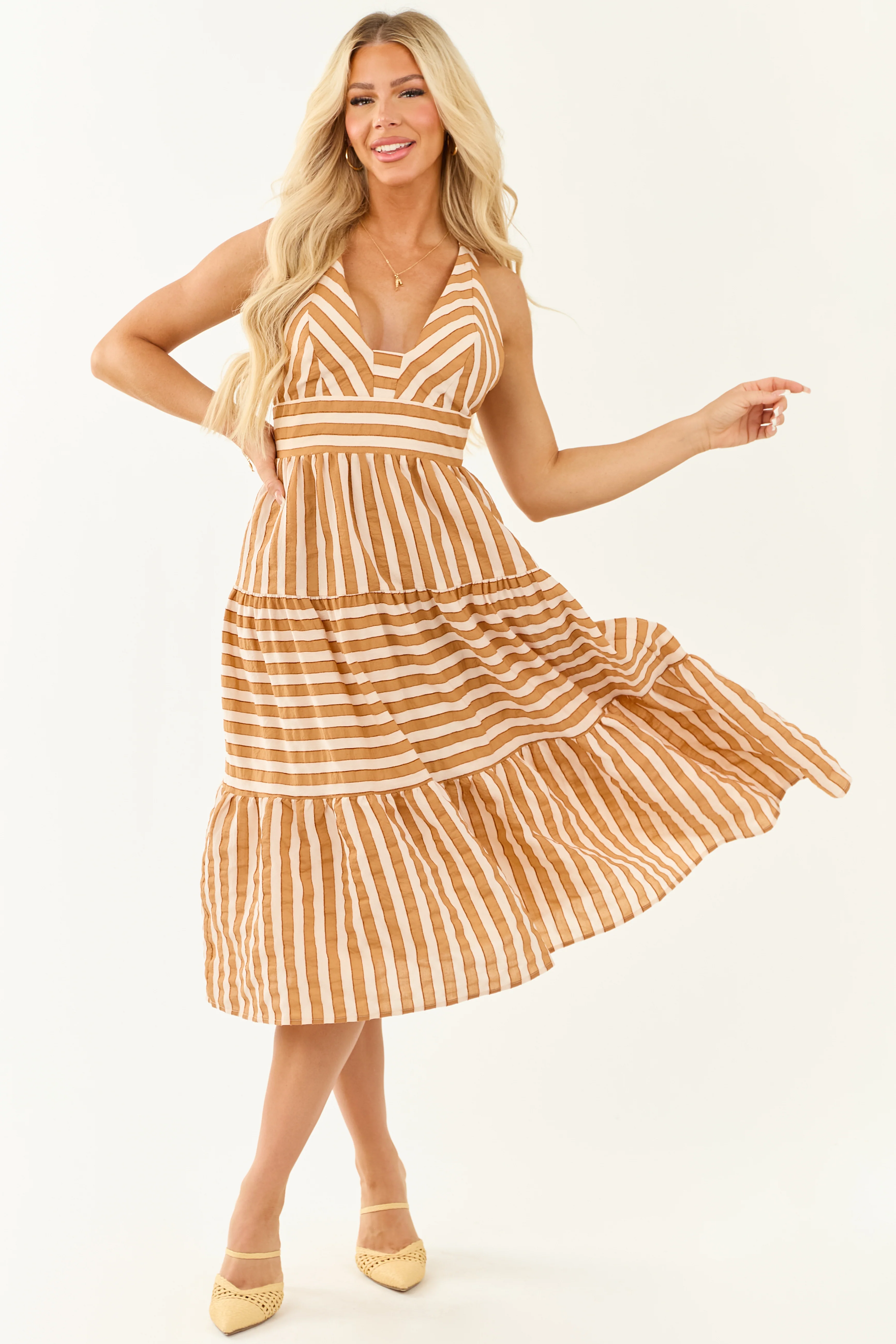Brown Sugar Striped Sleeveless Midi Dress - Image 3