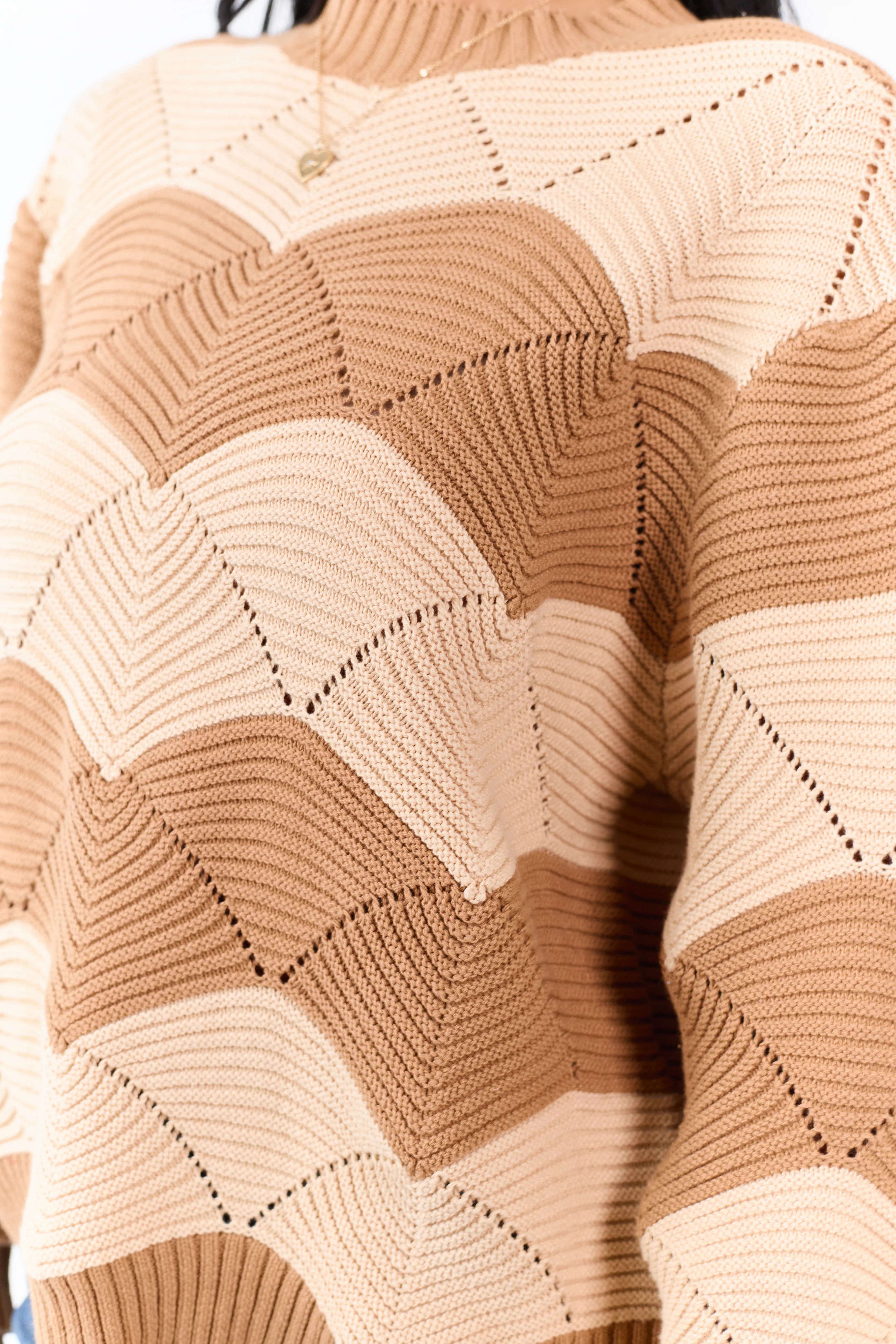Brown Sugar Wavy Stripe Pointelle Cotton Sweater - Image 6
