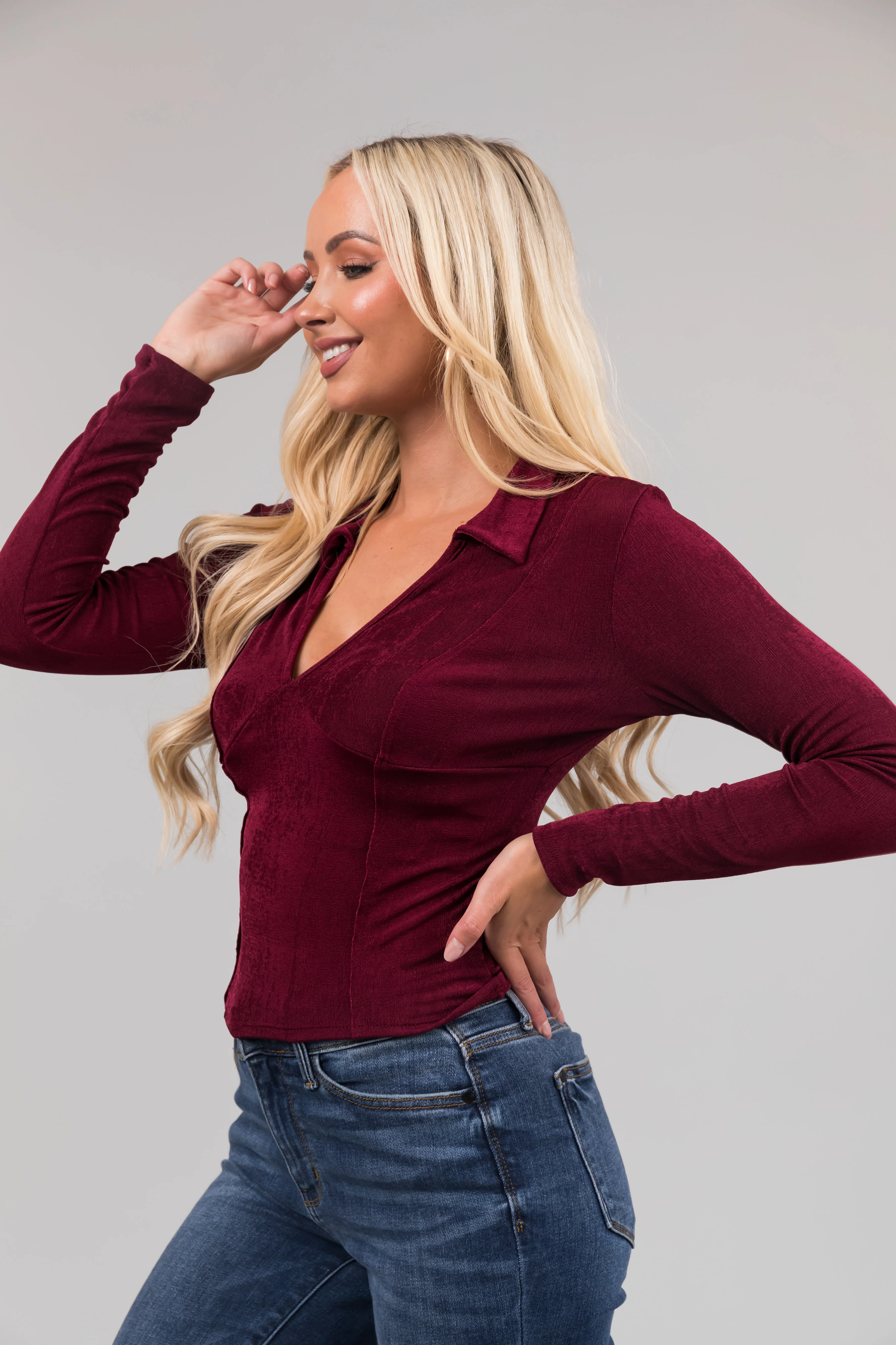 Burgundy Collared Babydoll Shimmery Knit Top - Image 5