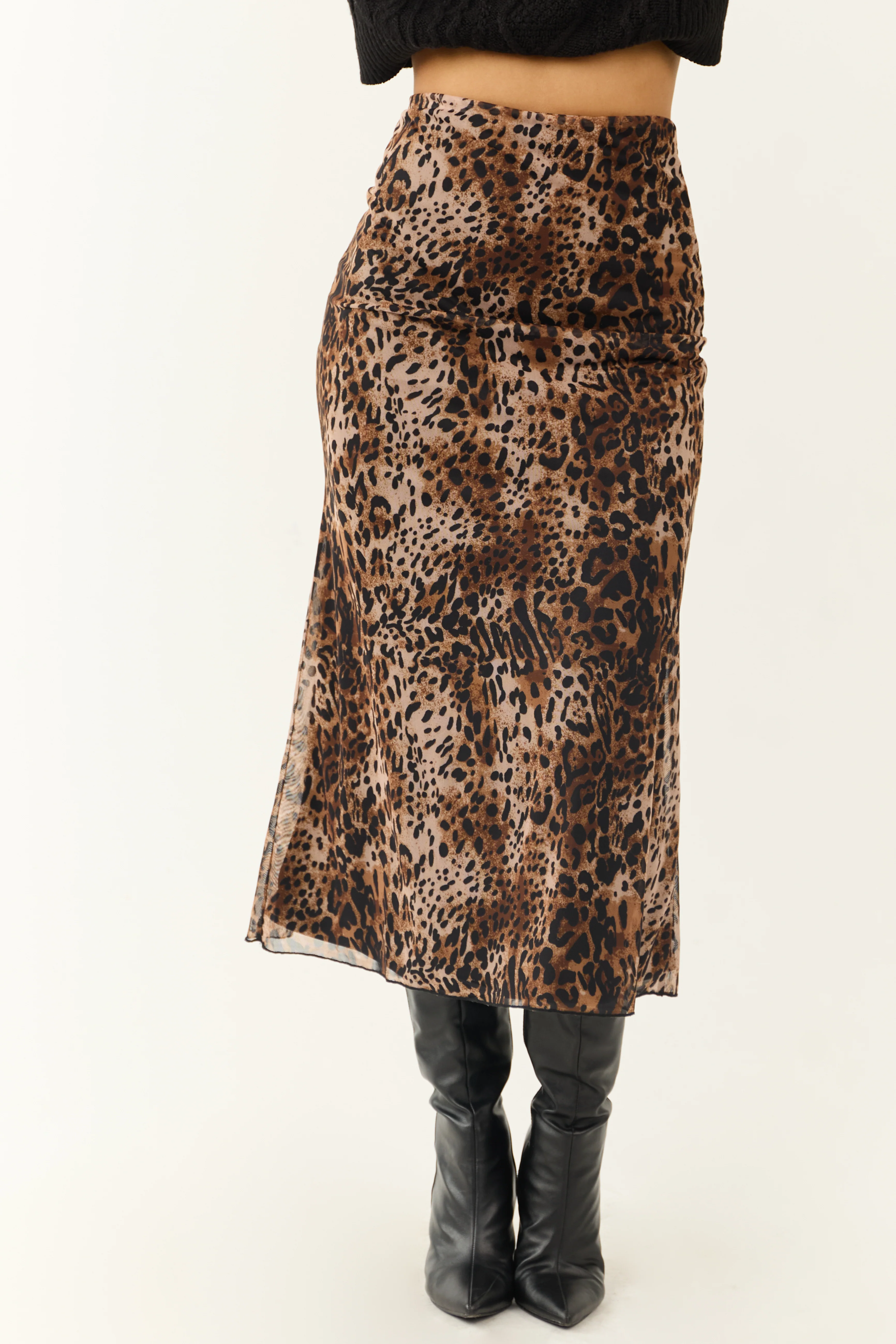 Camel and Black Leopard Print Midi Skirt - Image 2
