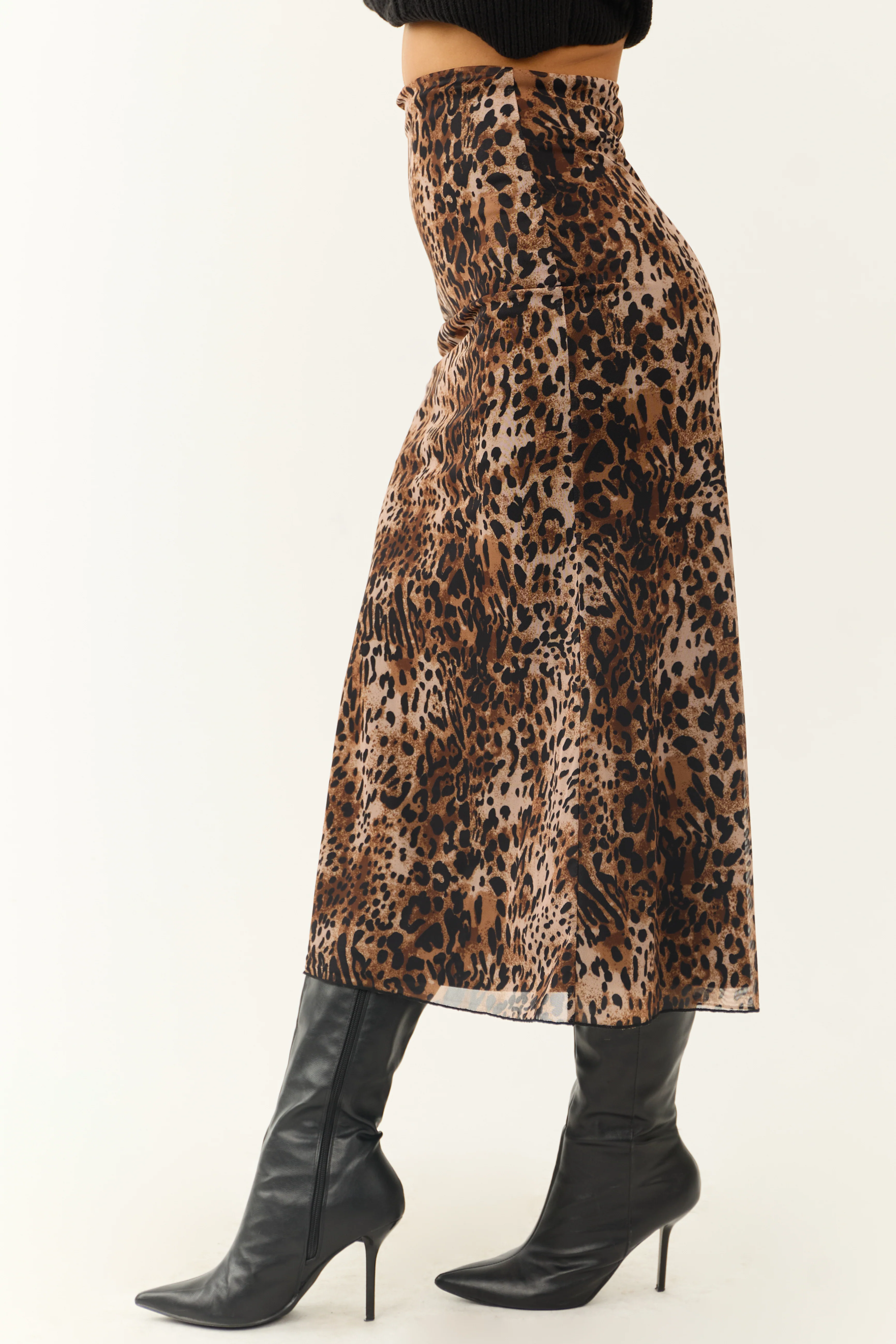 Camel and Black Leopard Print Midi Skirt - Image 3