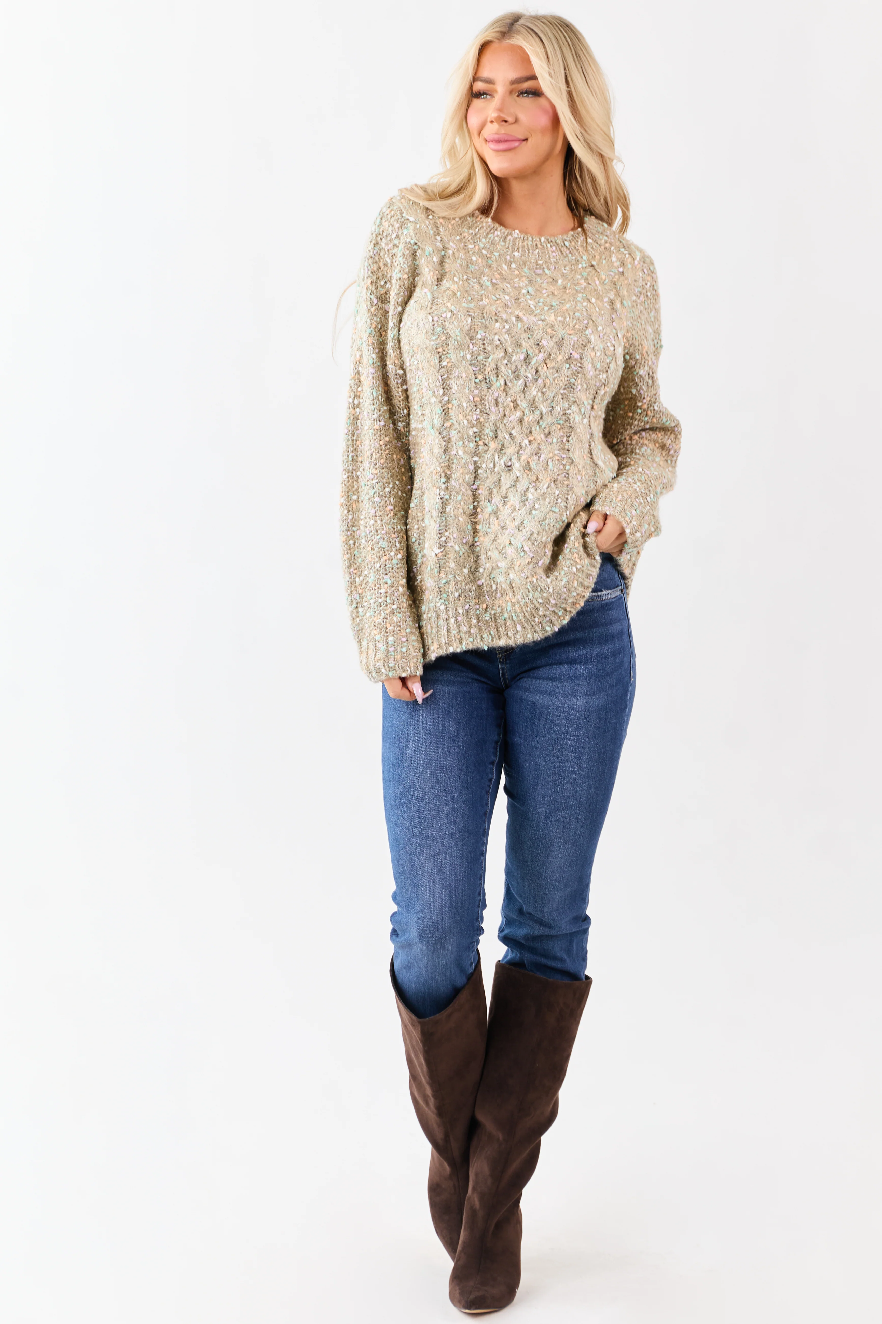Camel Confetti Cable Knit Long Sleeve Sweater - Image 2